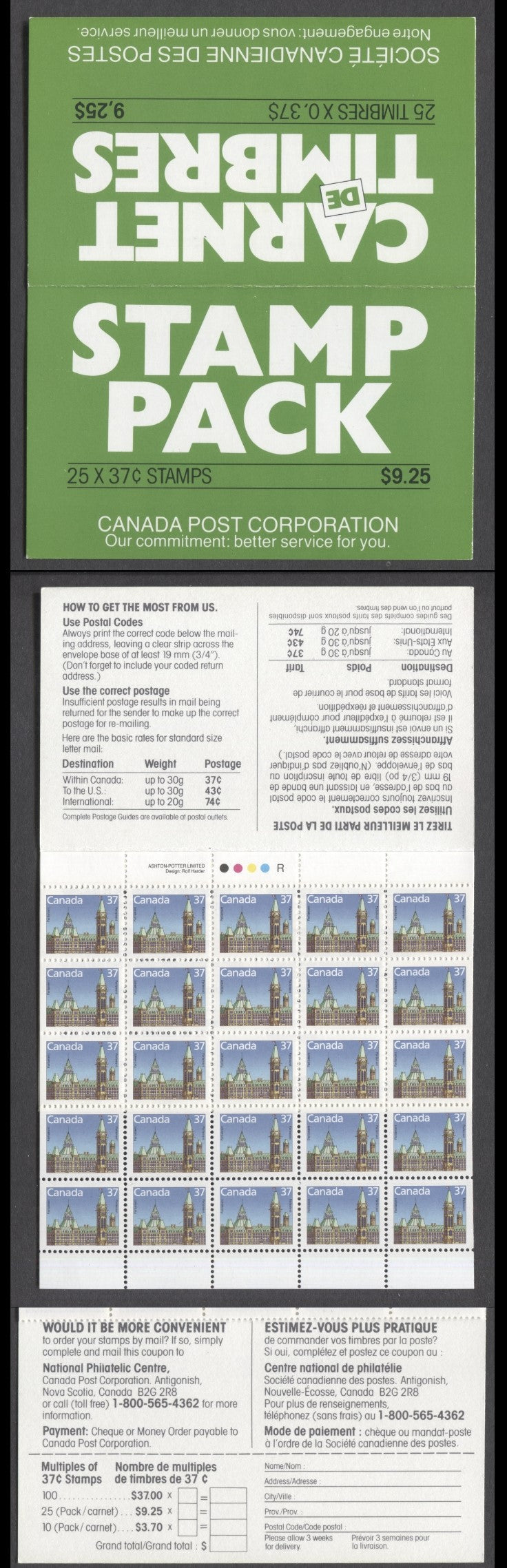 Lot 69 Canada #BK98a 1988 Parliament Buildings Issue, A 37c Multicolored Booklet, DF Pane & MF-fl Cover, Rolland Paper, Outside Cover Stamp Pack, Inside 'Would it be more convenient..?", AP Printing, Perf 13.3 x 14