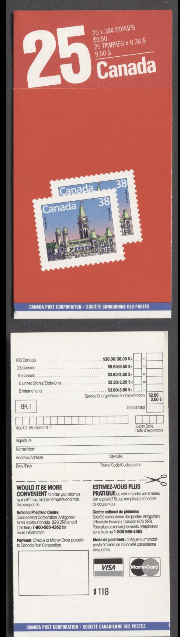 Lot 70 Canada #BK103a 1989 Parliament Buildings Issue, A 38c Multicolored Booklet, Sealed, Matte & 3/4 Shiny MF Stock, Slater Paper, 2 Stamps' & 'Stamps by mail..?' Covers, AP Printing, Perf 13.1 x 13.6, Sliver Of Left Tag Bar On Left Label