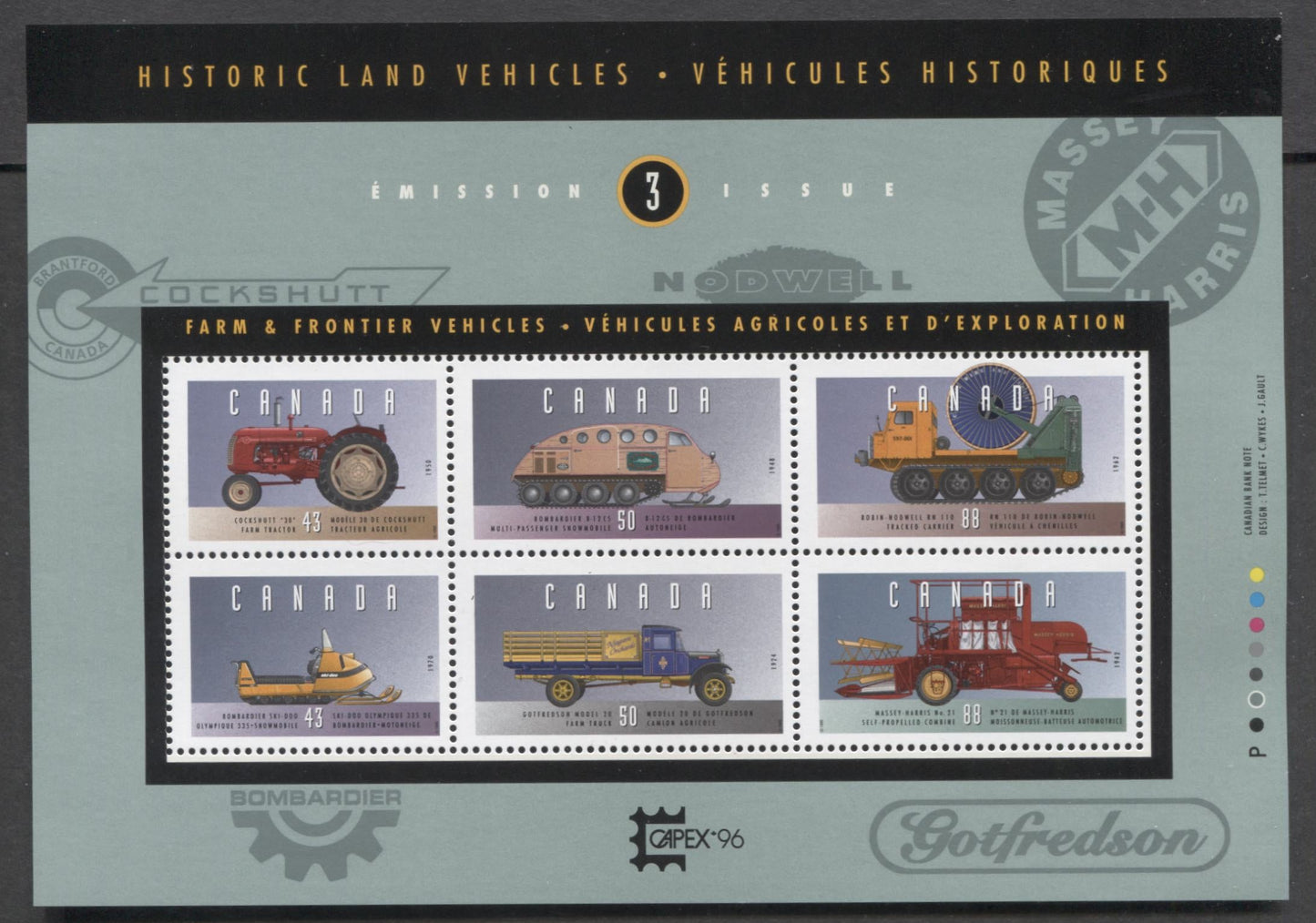 Canada #1552i 43c-88c Multicolored, 1995 Historical Land Vehicles, A VFNH Sheet Of 6 On MF Paper