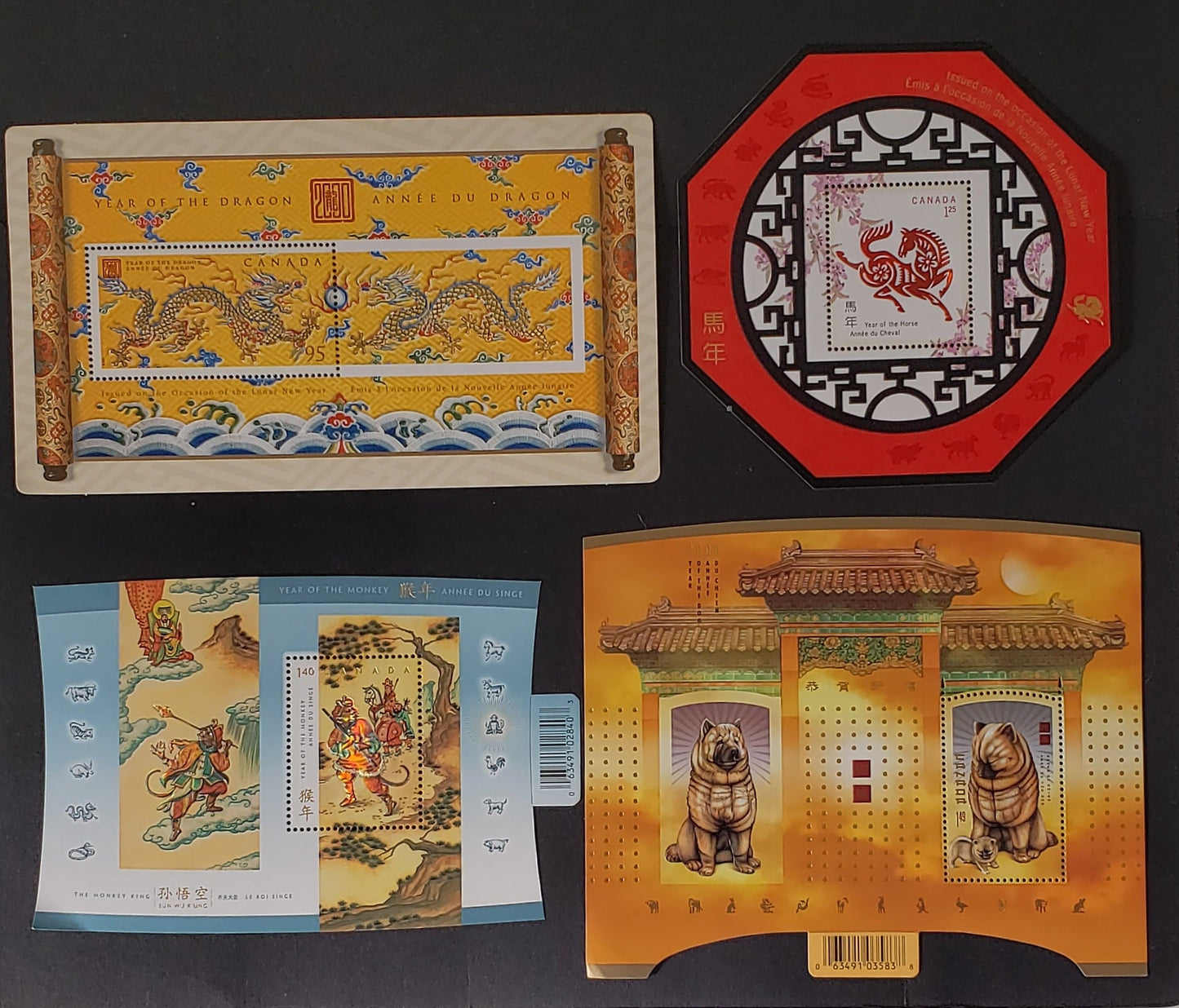 Canada #1837, 1934, 2016, 2141 95c-$1.49 Multicolored, 2000-2006 Chinese New Year Issue, 4 VFNH Souvenir Sheets All On DF/DF TRC Paper