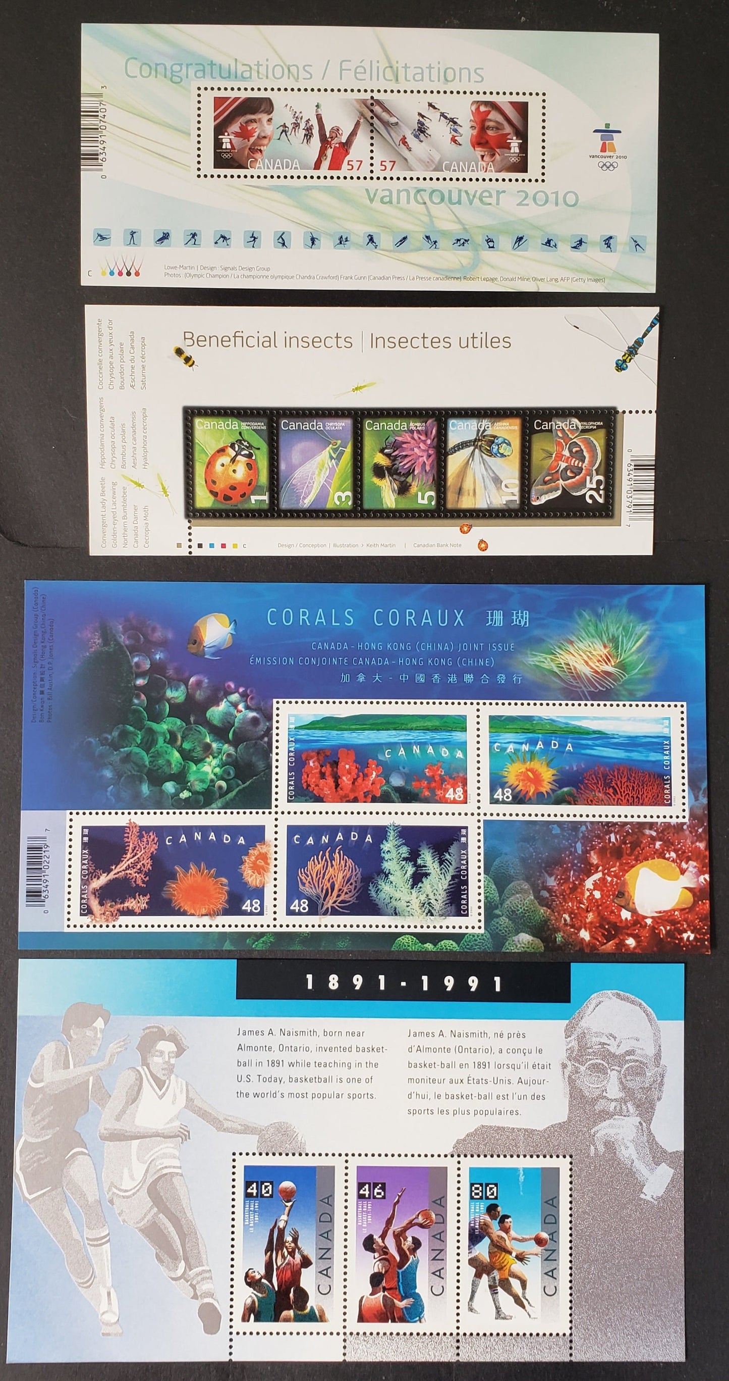 Canada #1344, 1951b, 2373, 2238a 1c-80c Multicolored, 1991-2010 Basketball - Celebrating The Olympic Spirit Issues, 4 VFNH Souvenir Sheets