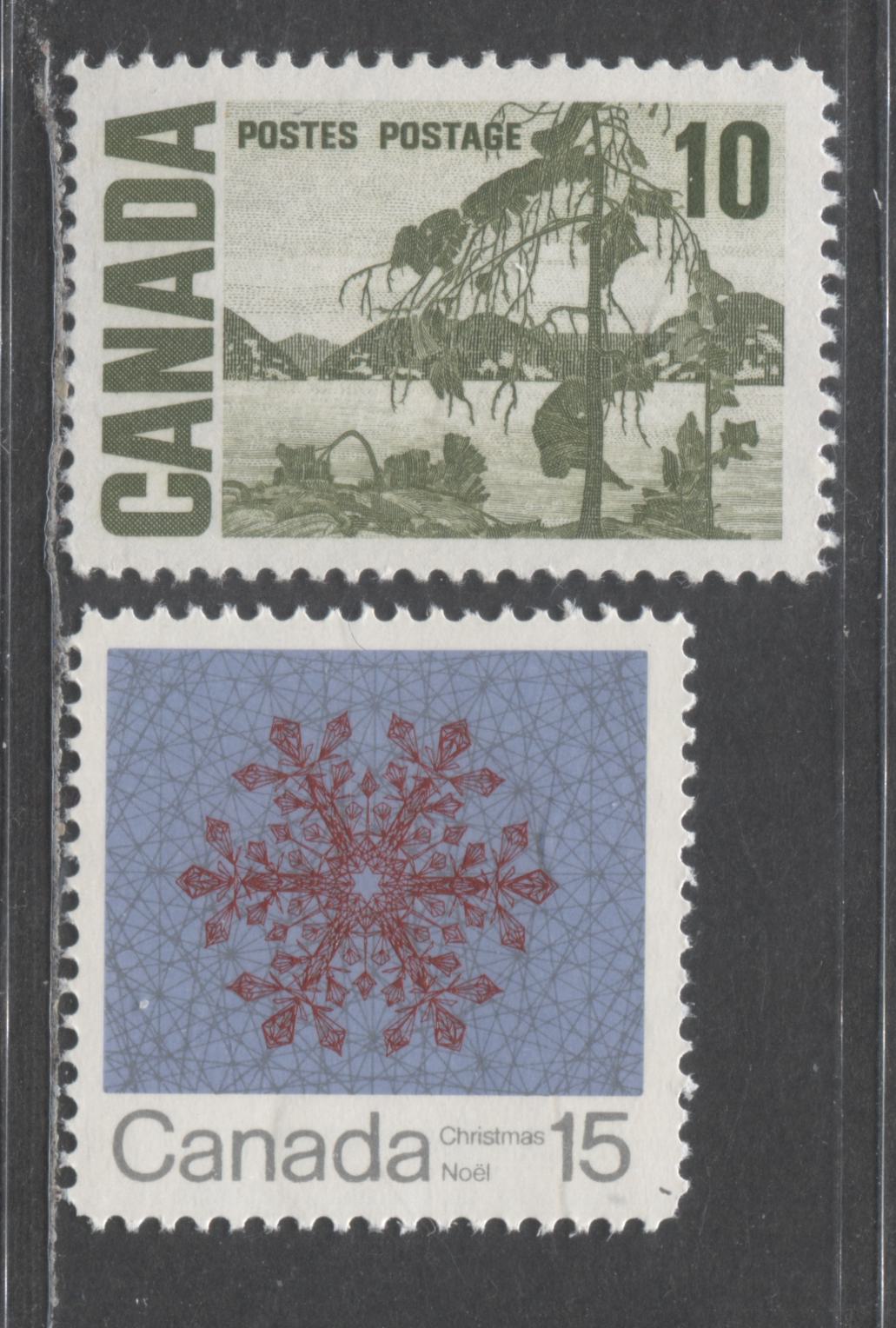 Lot 59 Canada #462iii, 557i 10c & 15c Olive Green & Light Ultramarine, Deep Carmine & Silver Jack Pine & Snowflakes, 1967-1971 Centennial Definitves & Christmas Issues, 2 VFNH Singles On HB Paper With Spotty White Gum & Horizontal Ribbed Paper