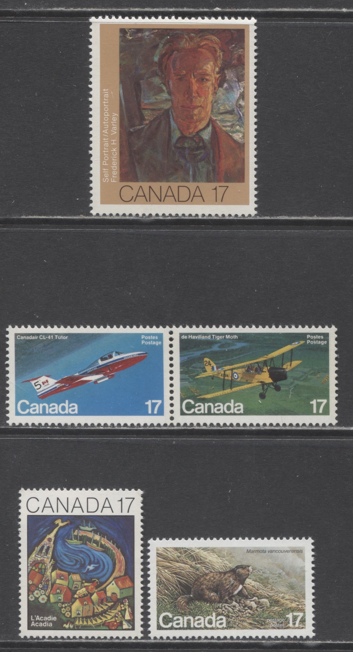 Lot 60 Canada #888i, 898i, 904ai 17c Multicolored Self Portrait - de Havilland Tiger Moth, 1981 Commemoratives, 3 VFNH Singles & Pair With LF & DF Scarcer Papers