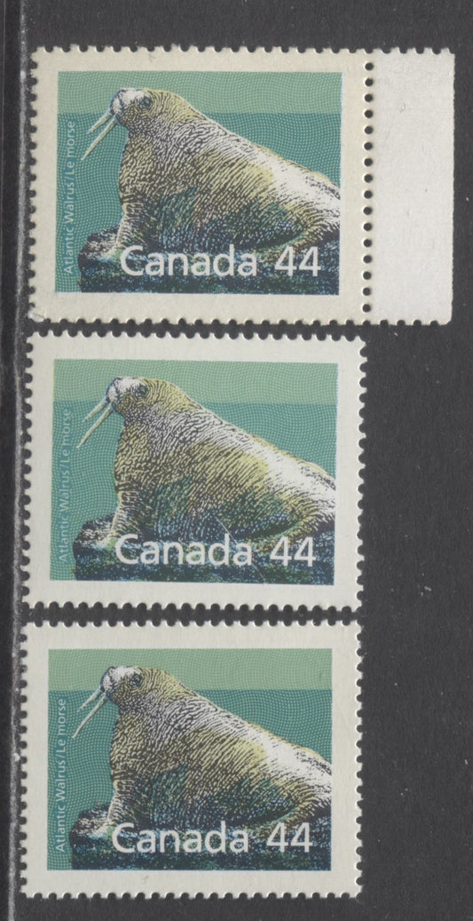 Canada #1171,I,a 44c Multicolored Atlantic Walrus, 1988-1990 Mammal Definitives USA Rate, 3 VFNH Singles On Slater & Harrison Papers, Perf 14.4 x 13.8 & Perf 12.5 x 13.1 Booklet Single