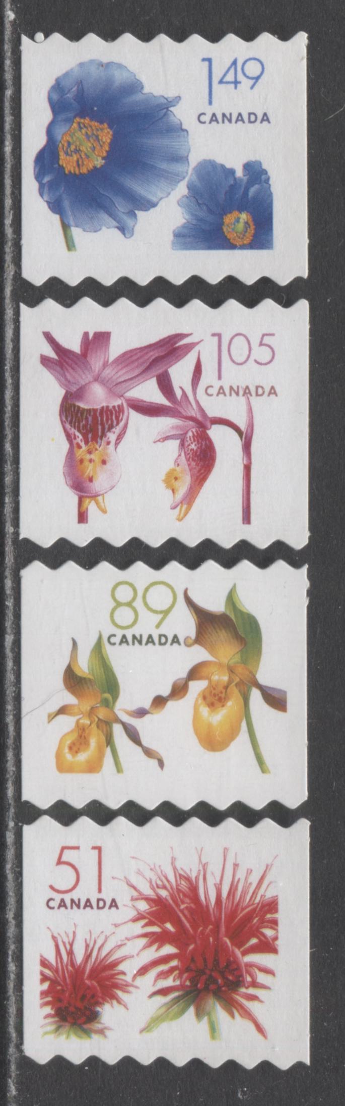 Canada #2128iii-2131iii 51c-$1.49 Multicolored Red Bergamot - Himalayan Blue Poppy, 2005-2006 Flower Definitives, 4 VFNH Singles Die Cut To Shape