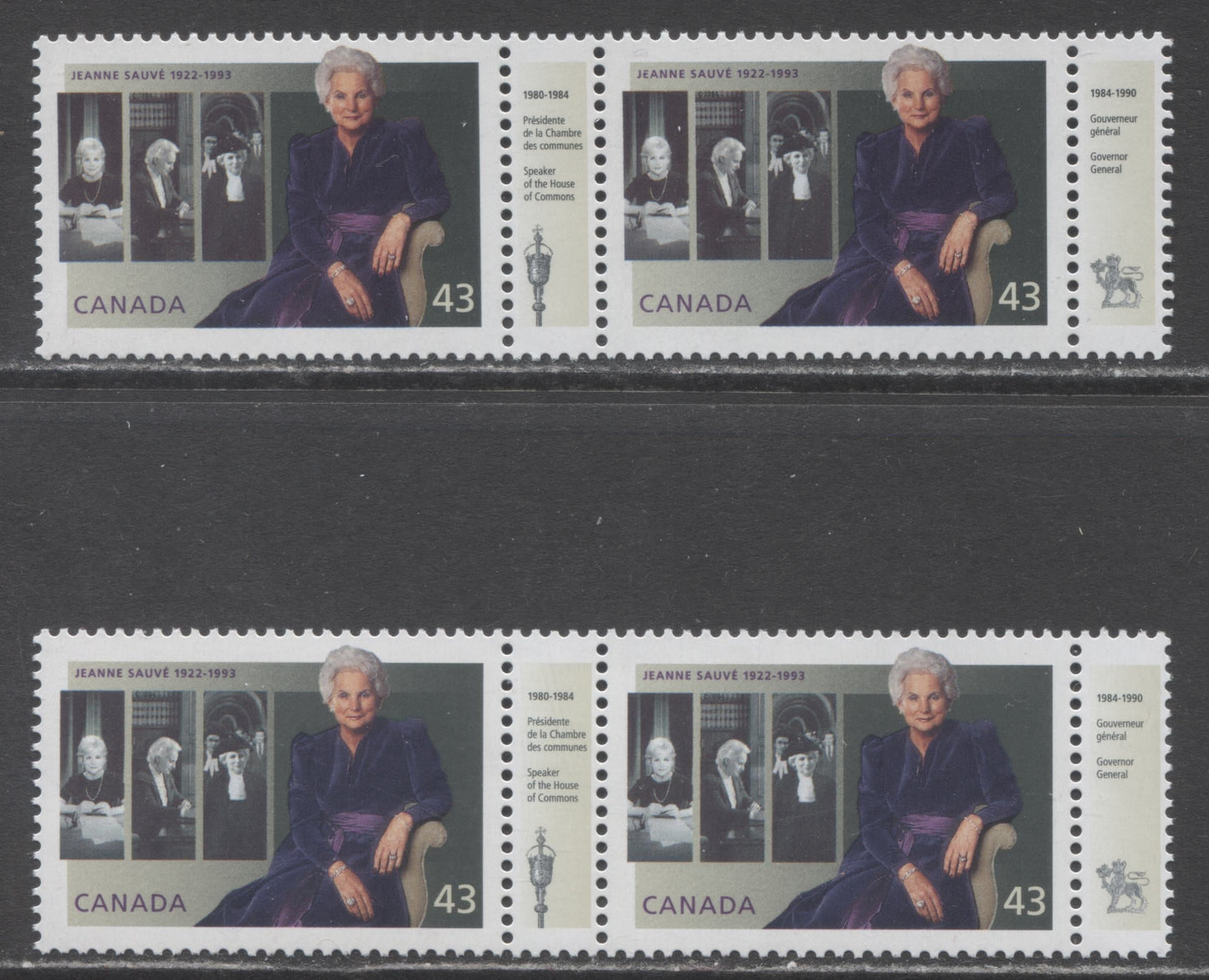Canada #1509,i 43c Multicolored Jean Sauve, 1994 Jeanne Sauve Issue, 2 VFNH Pairs On LF & MF Papers