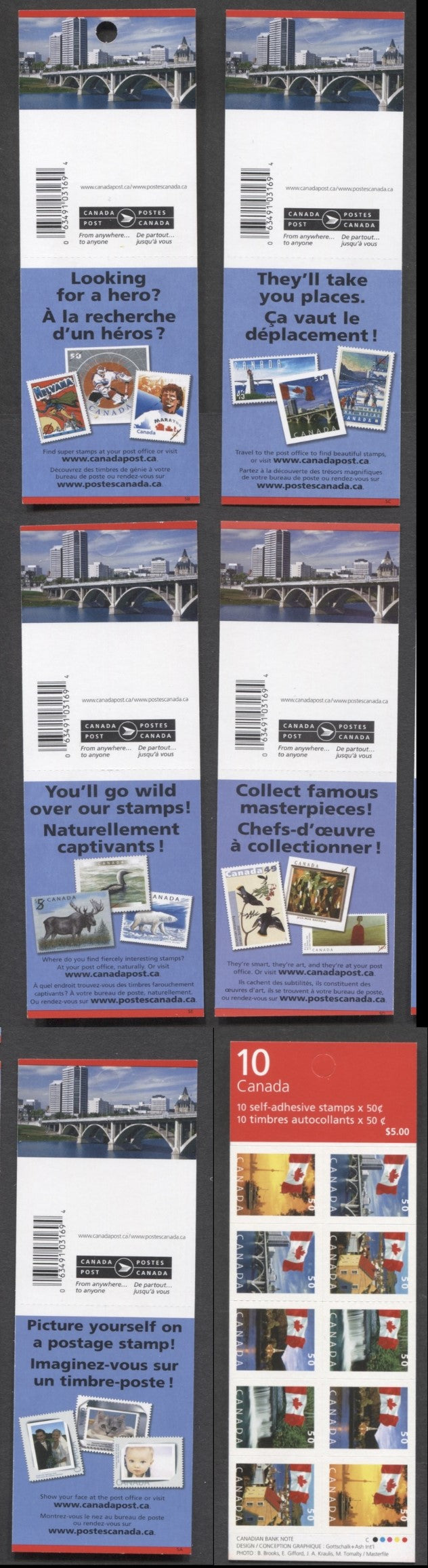 Lot 72 Canada #BK302b 2004-2005 Definitive Issue, 5 50c Multicolored Booklets, LF/HB Pane On TRC Paper, 29 Slit Roulette, SA-SE Covers, CBN Printing, 03169 4