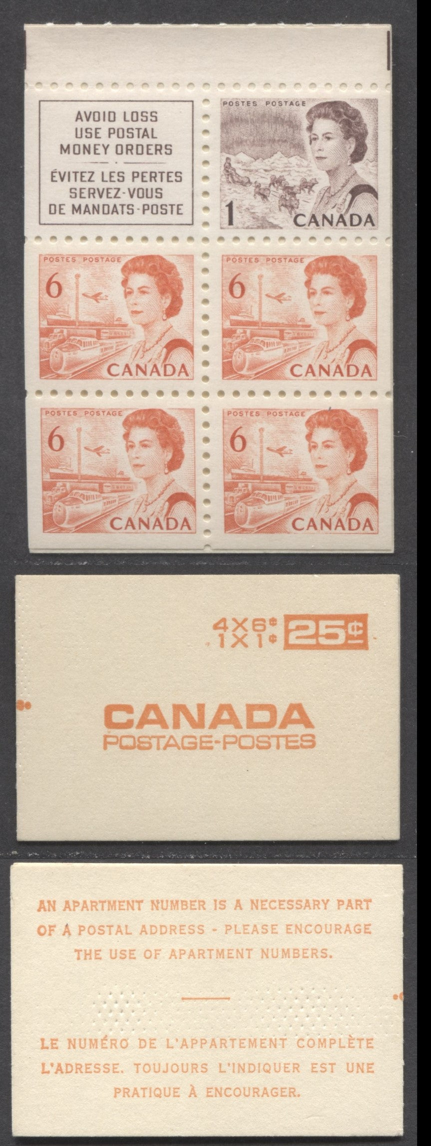 Lot 68 Canada #BK59d 1967-1973 Centennial Issue, A 25c 1c Brown & 6c Orange x 4 + Label Booklet, NF Pane, Medium Printing On Back Cover & Fluorescent Orange Ink, Horizontally Ribbed Cover Stock