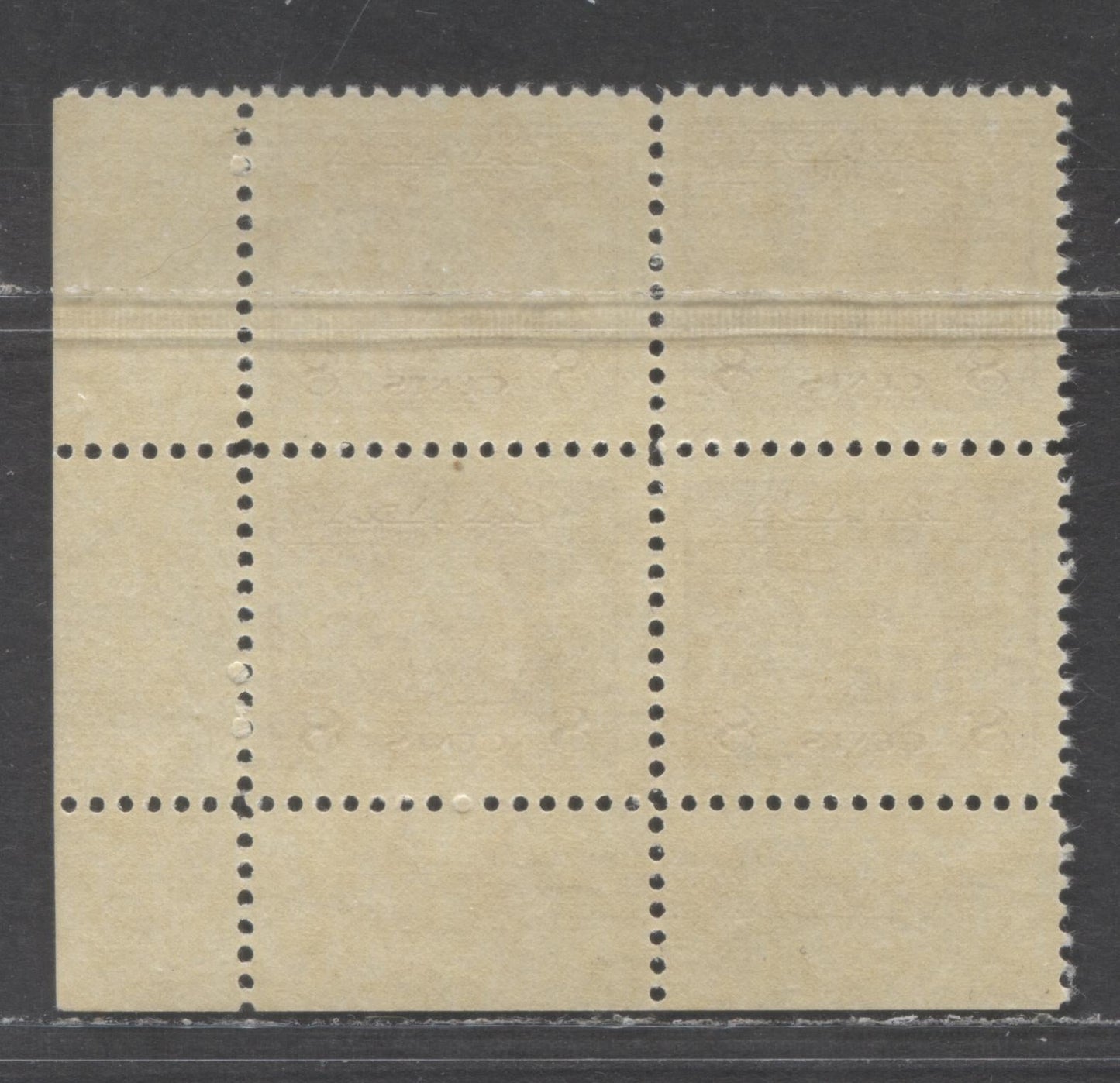 Lot 86 Canada #256 8c Red Brown Farm Scene, 1942-1943 War Issue, A VFNH LR Plate 1 Block Of 4 On Vertical Wove Paper With Clear Mesh & Mottled Deep Yellowish Cream Gum