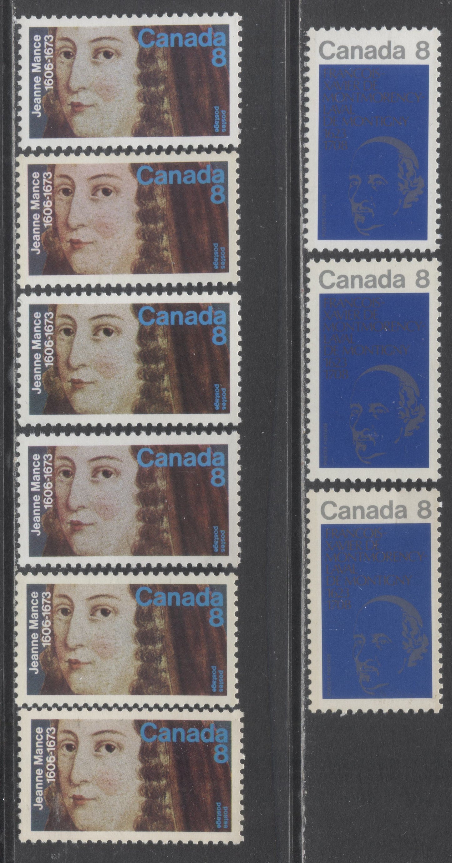 Canada #611, 615 8c Multicolored Bishop Laval & Jeanna Mance, 1973 Commemorative Issues, 9 VFNH Singles With Various Papers Including Scarce DF Faced Papers
