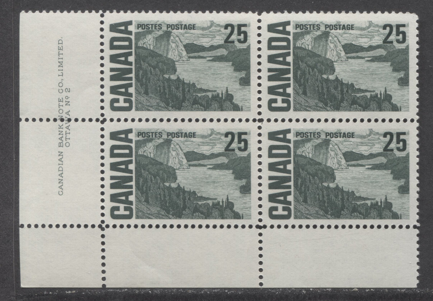 Canada #465 25c Gray Green Solemn Land, 1967-1973 Centennial High Values, A VFNH LL Plate 2 Block Of 4 On DF2-fl Paper With Smooth Dex Gum, Lighter Bluish Ivory Under UV