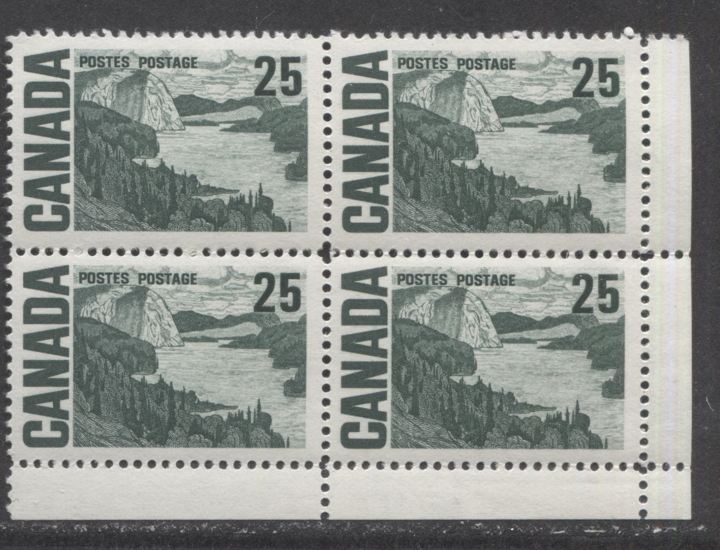 Lot 96 Canada #465ii 25c Slate Green Solemn Land, 1967-1973 Centennial High Values, A VFNH LR Blank Corner Block Of 4 On HF9 Paper With Smooth Dex Gum, Brownish Violet Under UV