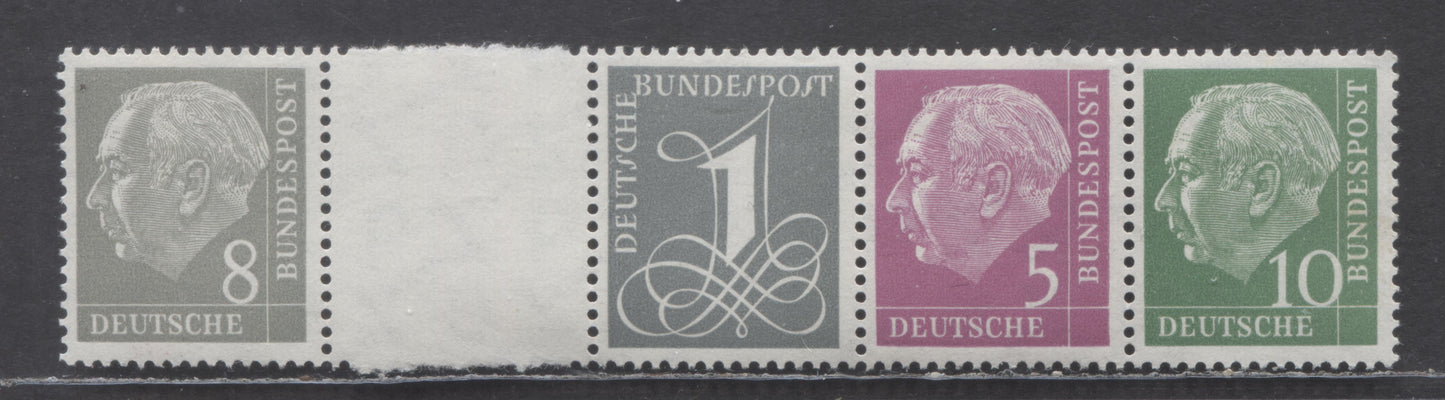 Lot 65 Germany Mi#W215bx2&w19x 1958 Heuss Definitive Issue, A VFNH Booklet Strip With Un-Lined Tab, Click on Listing to See ALL Pictures, Estimated Value $15 USD