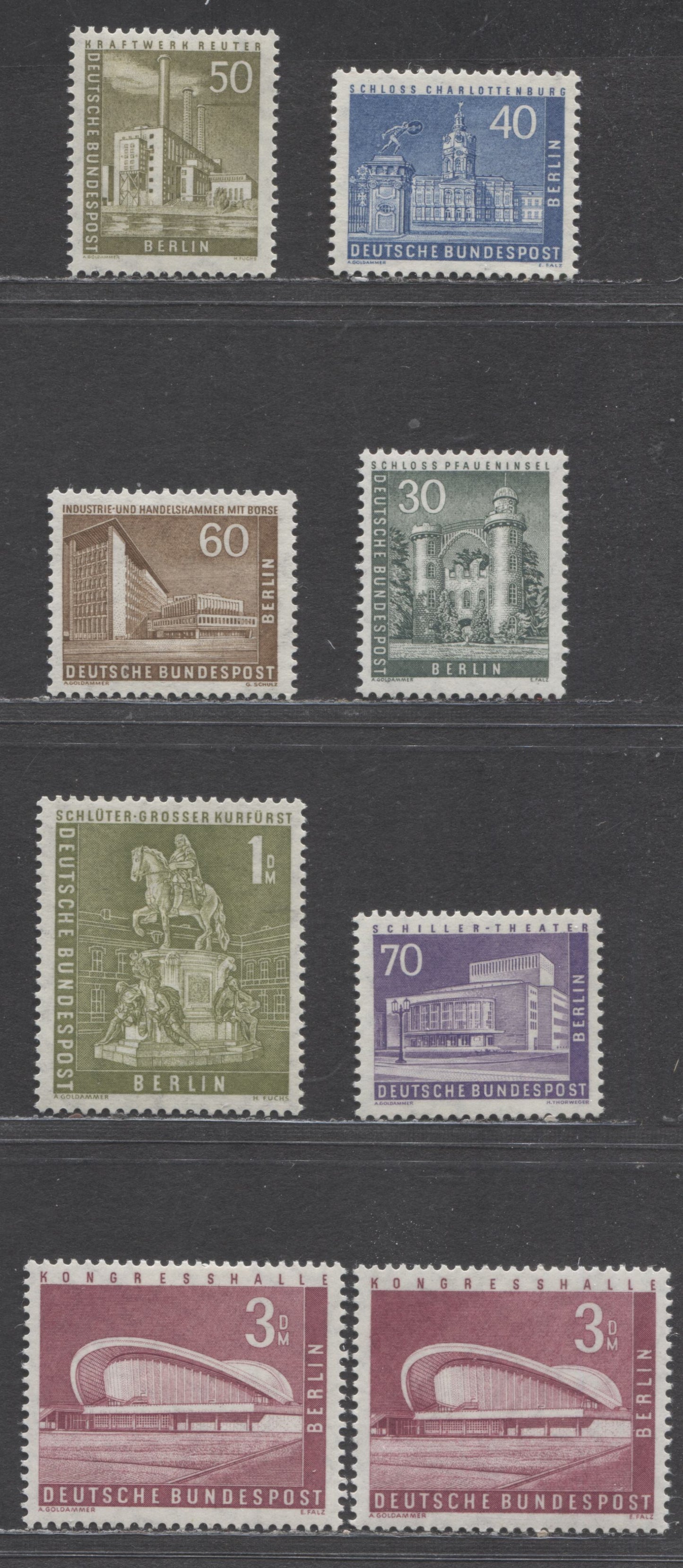 Germany-Berlin SC#9N130-9N136 (Mi#148v-154v) 1956-1963 Definitives Issues, With Transparent Watermark & Ribbed Gum, 2 Shades Of 2m, 8 VFOG Singles, Click on Listing to See ALL Pictures, Estimated Value $25 USD