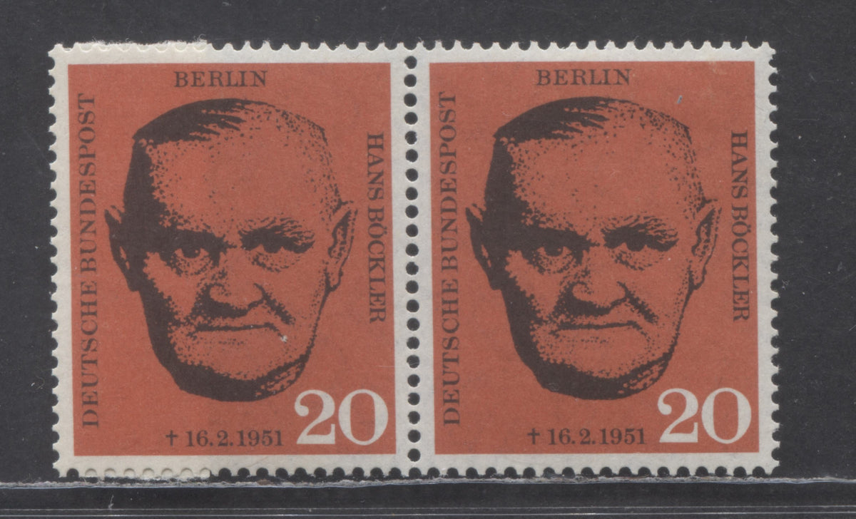 Lot 118 Germany - Berlin Mi#197var (SC# 9N175var) 20pf Red 1961 Bockler, White Spot At Corner Of Mouth On Left Stamp, Constant Unlisted Variety, A VFOG Pair, Click on Listing to See ALL Pictures, Estimated Value $10