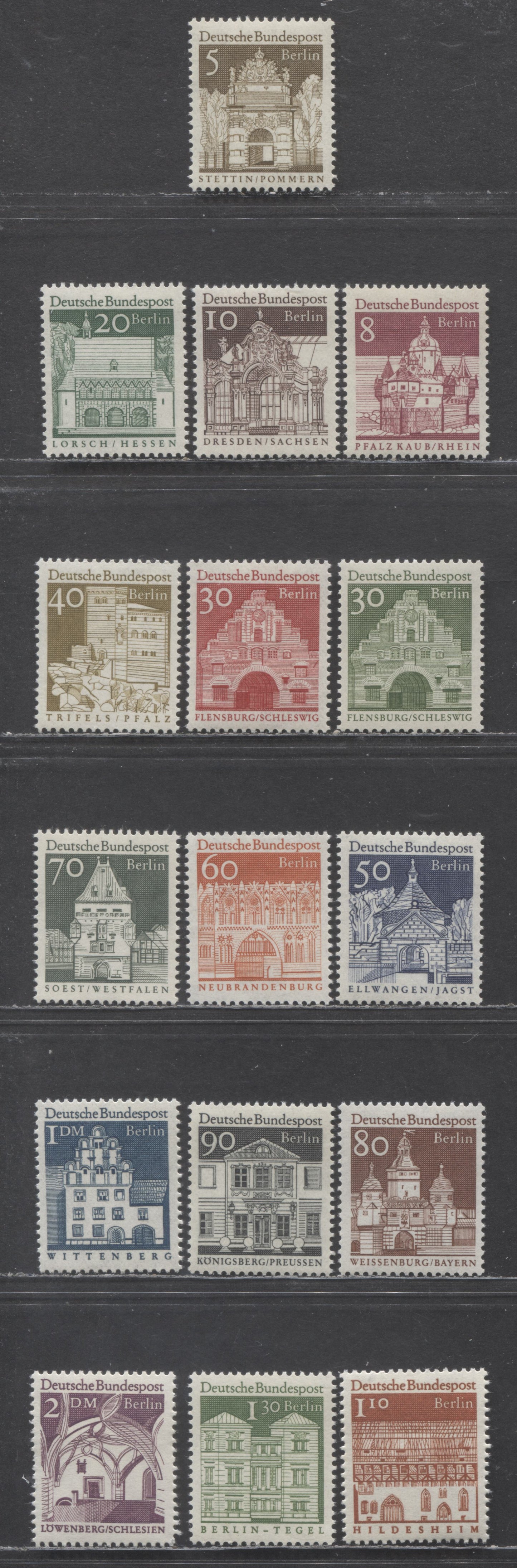 Lot 66 Germany - Berlin Mi#270 (SC#9N235)-285 (SC#9N250) 1966-1969 Buildings Definitives, 16 VFNH Singles, Click on Listing to See ALL Pictures, Estimated Value $15