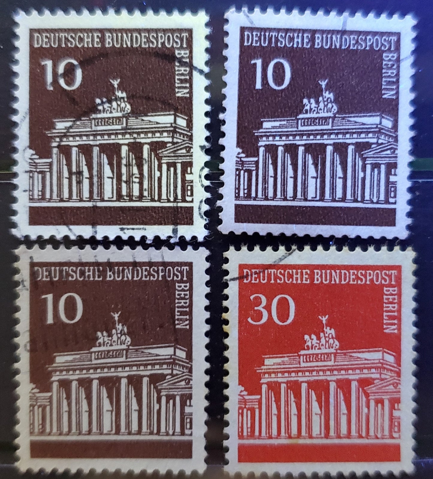 Germany - Berlin Mi#286 (SC# 9N251) 1966-1969 Buildings Definitives, Fluorescent Tagging Nearly All Omitted, With Regular Weak Tagging On One 10pf, Slightly Different Shades, 4 Very Fine Used Singles, Estimated Value $15