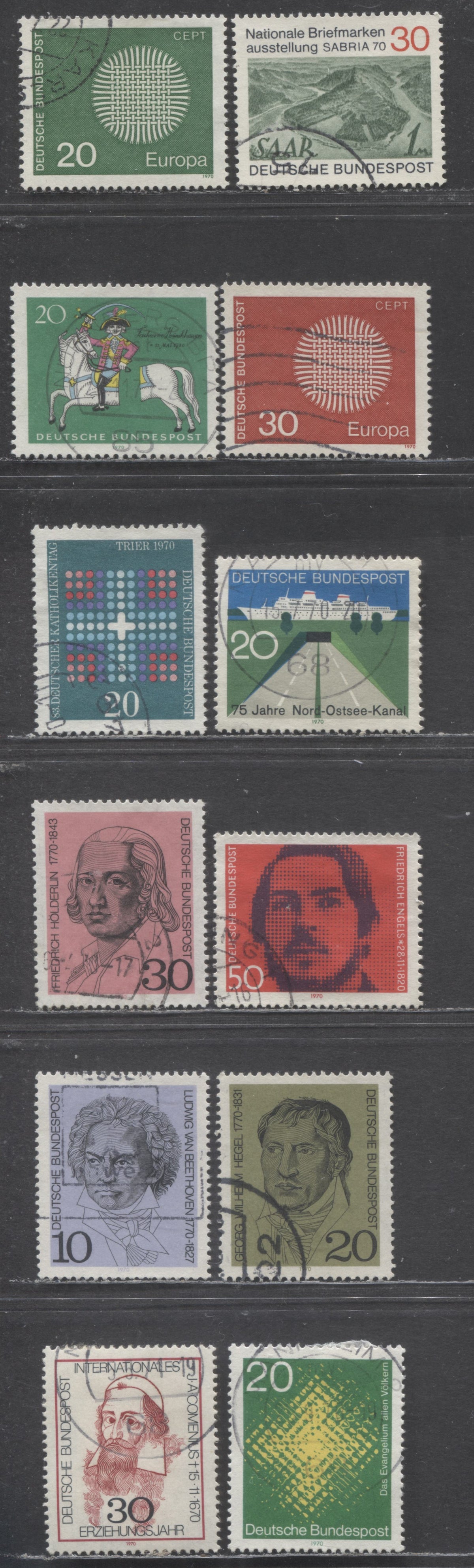 Lot 249 Germany SC#1014/1051(Mi#616/657) 1970 Portraits - Engels Issues, 12 Very Fine Used Singles, Click on Listing to See ALL Pictures, Estimated Value $4 USD