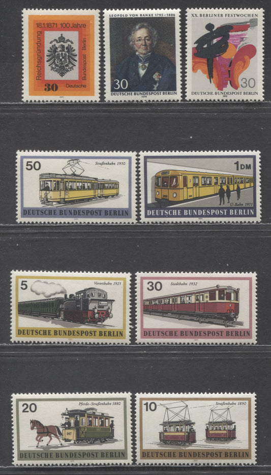 Berlin - Germany Mi#372 (9N302)/388 (9N310) 1970-1971 Berlin Festival - Trains Issue, 9 VFNH Singles, Click on Listing to See ALL Pictures, Estimated Value $7