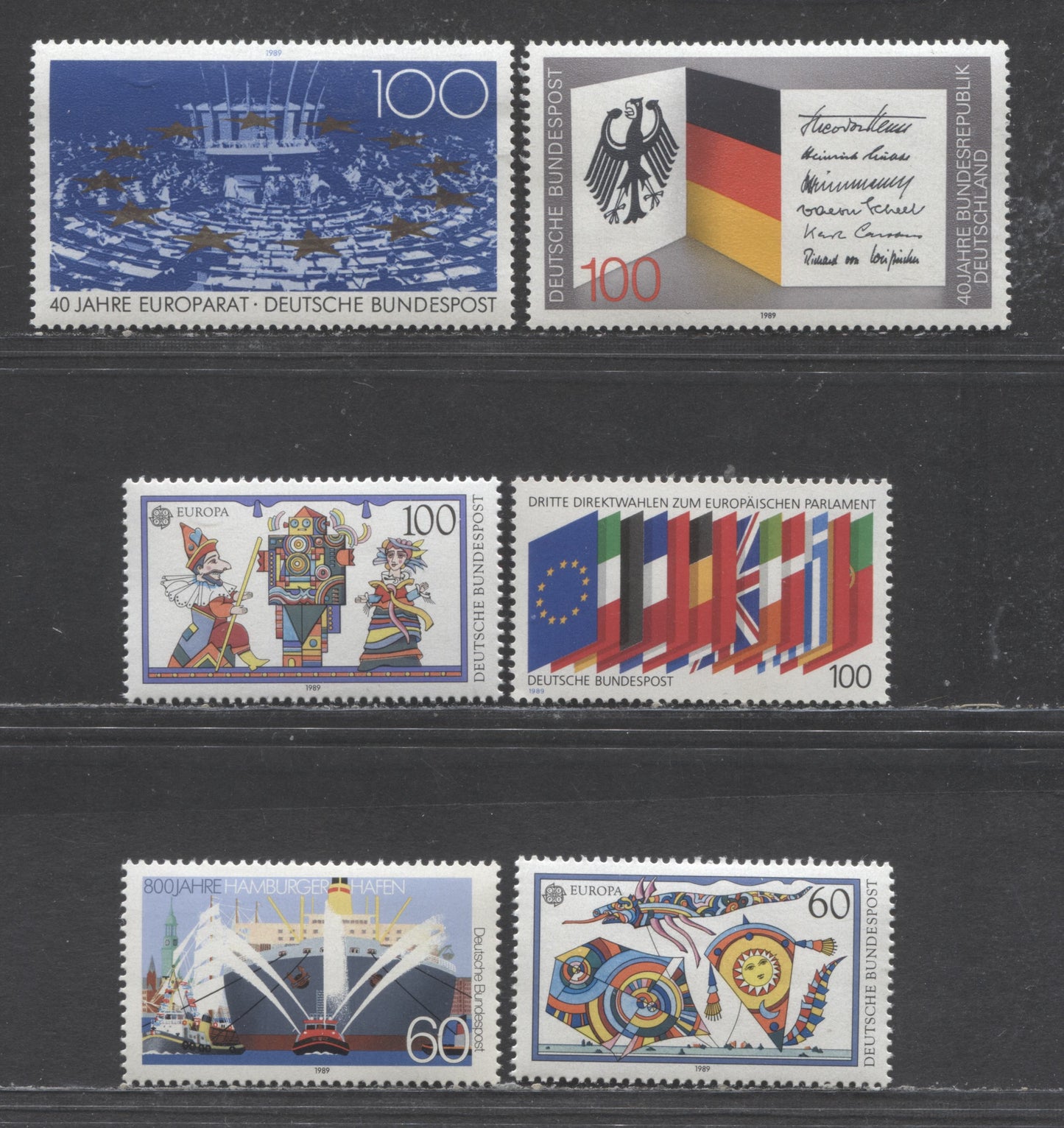 Lot 73 Germany Mi#1416 (1572)/1422 (1578) 1989 European Parliament - Council Of Europe Issues, 3 VFNH Strips, Click on Listing to See ALL Pictures, Estimated Value $12