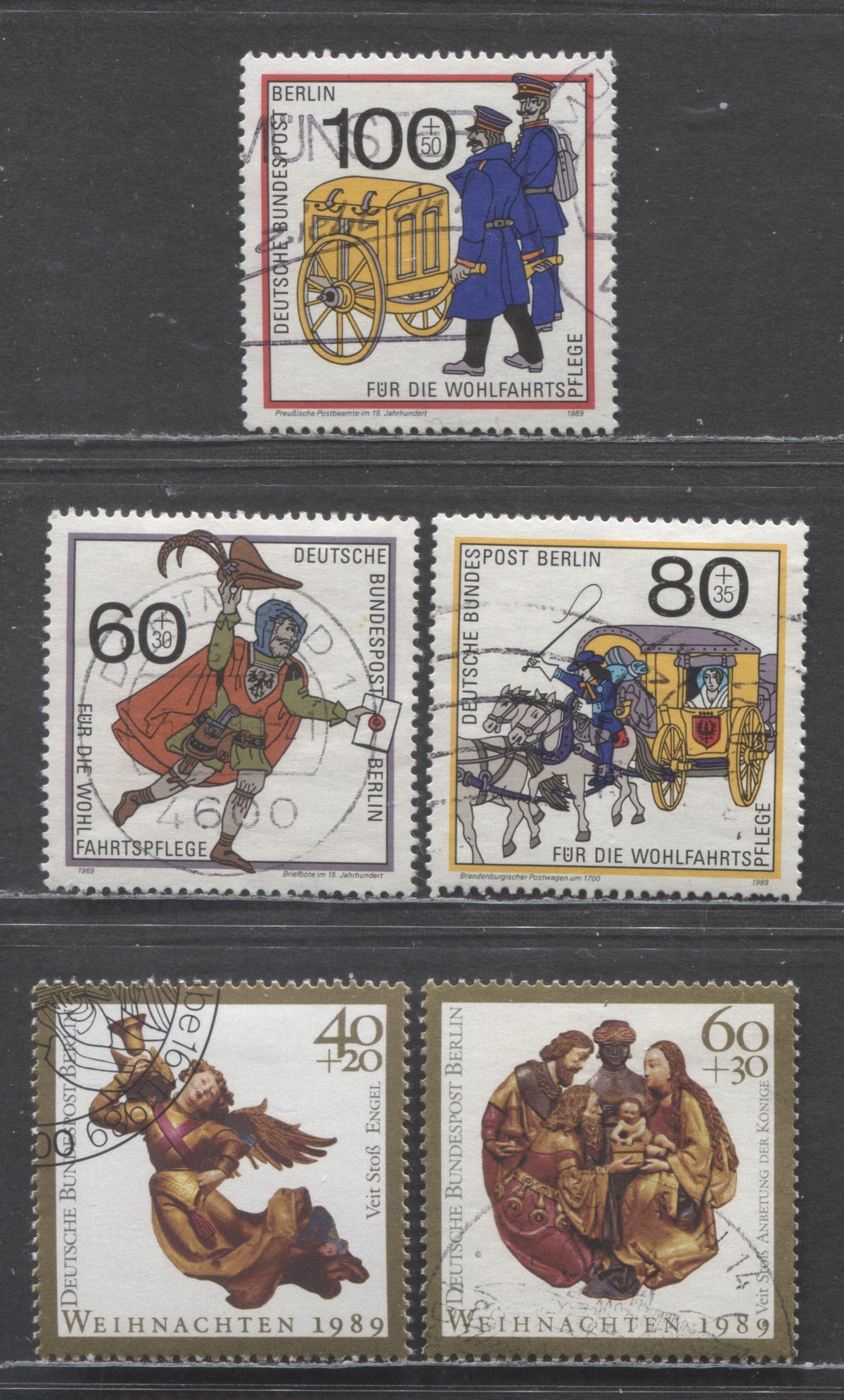 Lot 289 Germany Mi#852 (9NB272)/859 (9NB276) 1989 Mail Carrier & Christmas Semi Postals, 5 Very Fine Used Singles, Click on Listing to See ALL Pictures, Estimated Value $12