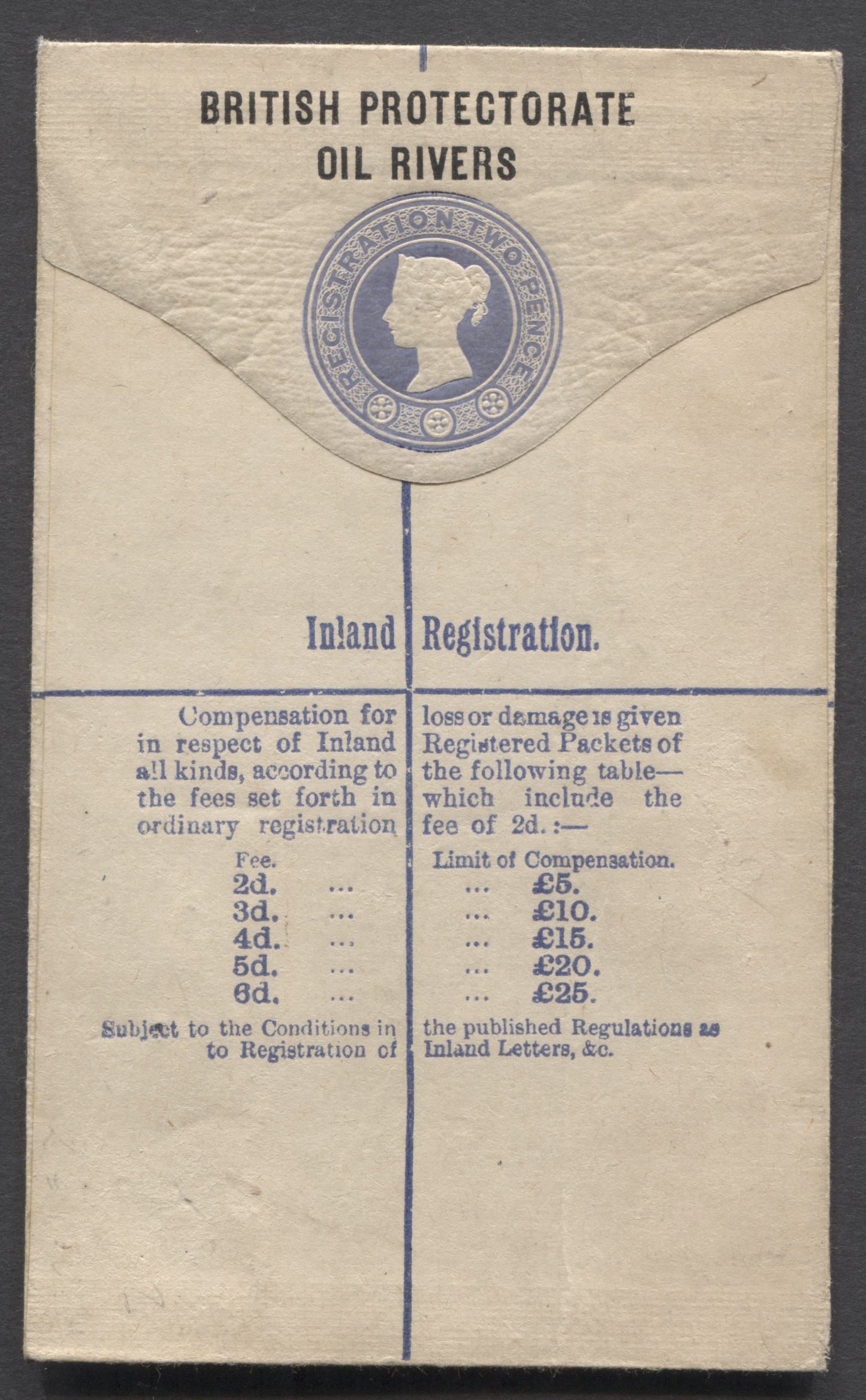 Lot 72 Niger Coast Protectorate SC# 1892-1893 Queen Victoria Issue, 2d Small Registration Envelope, Showing Compensation Limits To 25 GBP, A Fine/Very Fine Used Registration Envelope, Estimated Value $25
