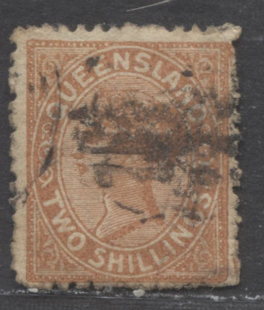 Lot 97 Australian States - Queensland SC#86 2/- Red Brown 1887-1889 Redrawn Second Sidefaces Issue, Heavy Cancel But Scarce Value, A Very Good/Fine Used Single, Click on Listing to See ALL Pictures, Estimated Value $22