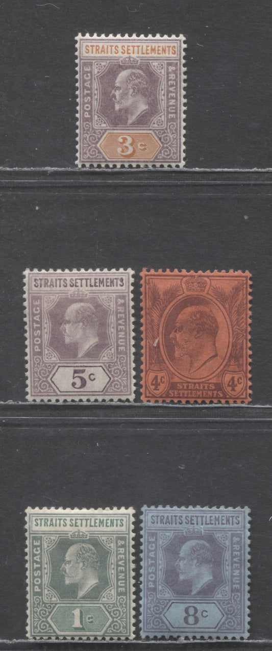 Lot 96 Straits Settlements SC#93-97 1902 King Edward VII Keyplate Issue, Crown CA Wmk, 5 VFOG Singles, Click on Listing to See ALL Pictures, 2022 Scott Classic Cat. $22.5