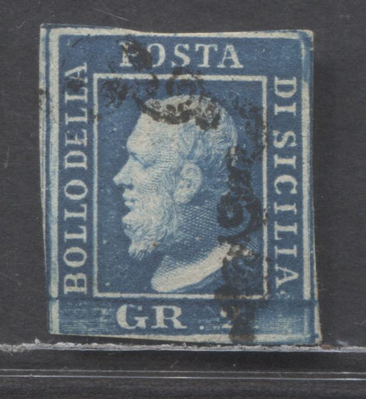 Lot 96 Sicily - Italian States SC#13g 2g Blue 1859 King Ferdinand II Issue, On Soft Porous Paper, Naples Printing, A Fine Used Single, Click on Listing to See ALL Pictures, Estimated Value $60 USD