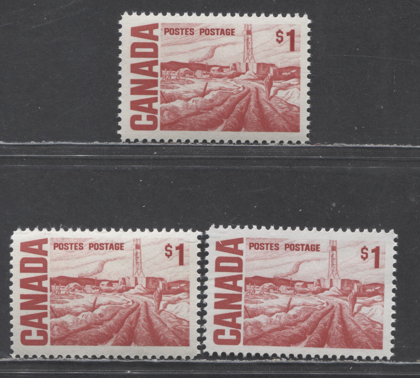 Lot 135 Canada #465B,Bv,Biii $1 Carmine Rose Edmonton Oil Field, 1967-1973 Centennial High Value Definitives, 3 VFNH Singles On DF, LF & LF-fl Papers With Dex & PVA Gums