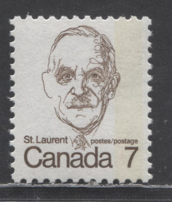 Lot 136 Canada #592iiiT3 7c Dark Brown Louis St Laurent, 1972-1977 Caricature Definitives, A VFNH Single With G2aC Tagging Error, NF/DF Rough Paper