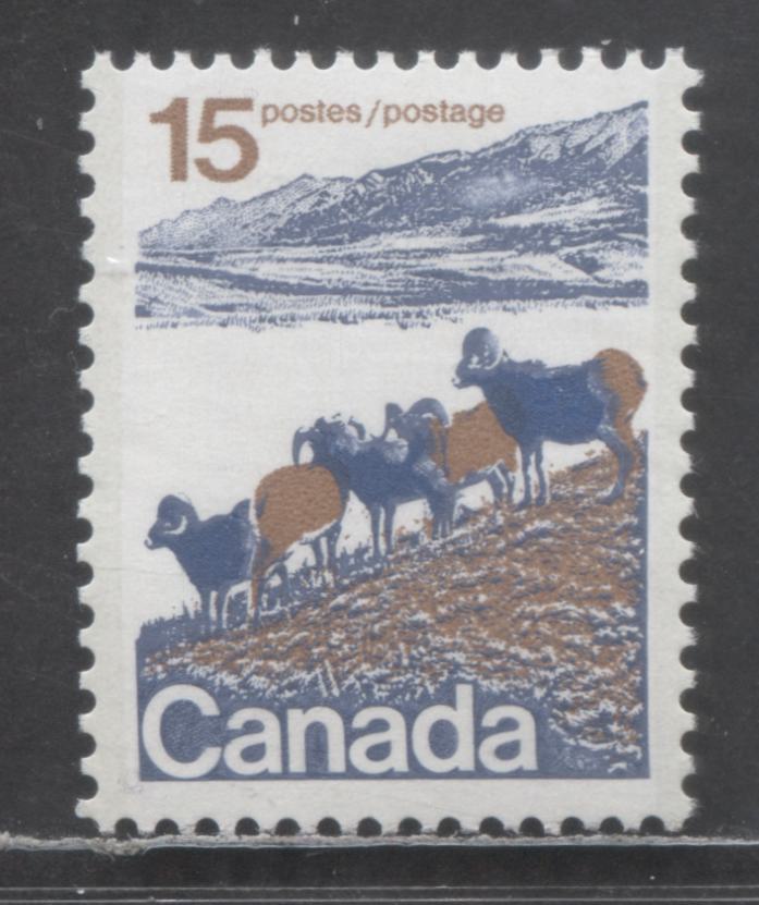 Canada #595i 15c Multicolored Mountain Sheep, 1972-1977 Landscape Definitives, A VFNH Single On Smooth DF Gray-Blue/DF-fl Paper, Type 1, Perf 12.5x12, 3 mm OP2 Tagging