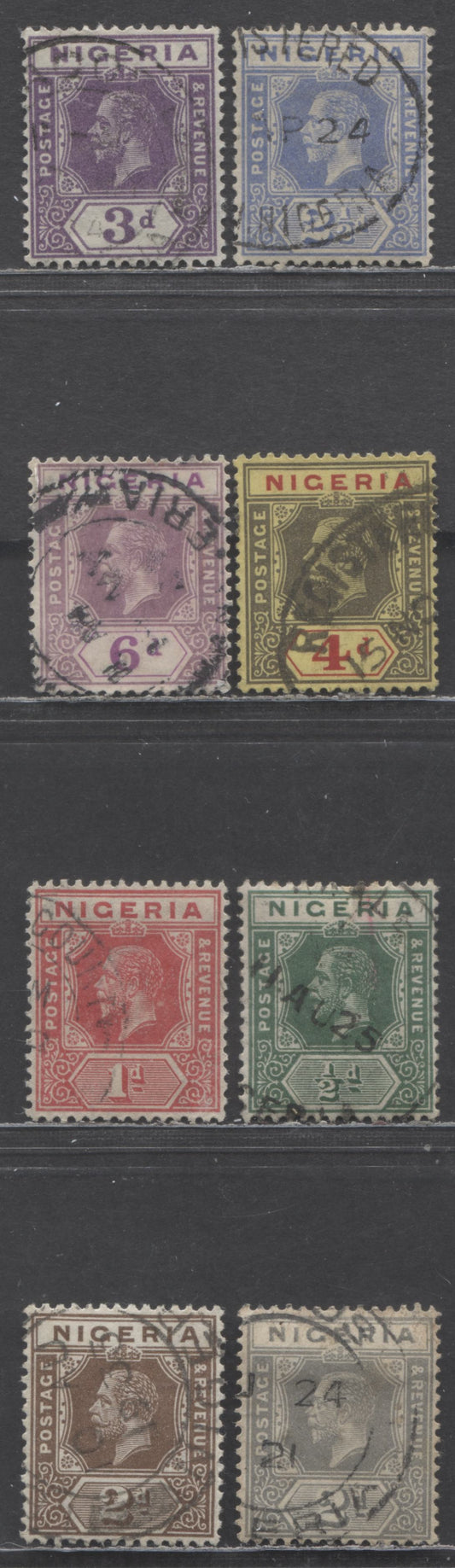 Nigeria SC#18a/28a 1921-1933 King George V Imperium Keyplates, All Die 1, Script CA Wmk, 8 Fine/Very Fine Used Singles, Click on Listing to See ALL Pictures, Estimated Value $45
