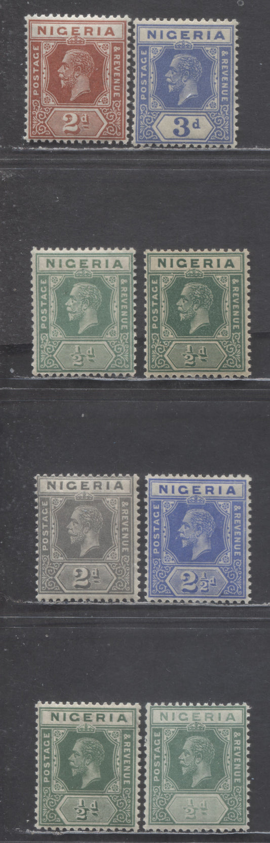 Nigeria SC#18/26 1921-1933 King George V Imperium Keyplates, Die 1 & 2, Script CA Wmk, 8 F/VFNH Singles, Click on Listing to See ALL Pictures, Estimated Value $50
