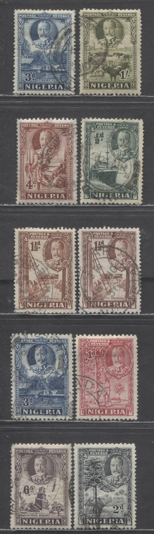 Nigeria SC#38-45 1936 Pictorial Issue, Includes Both 11.5x13 & 12.5x13.5, 10 Very Fine Used Singles, Click on Listing to See ALL Pictures, 2022 Scott Classic Cat. $40.1