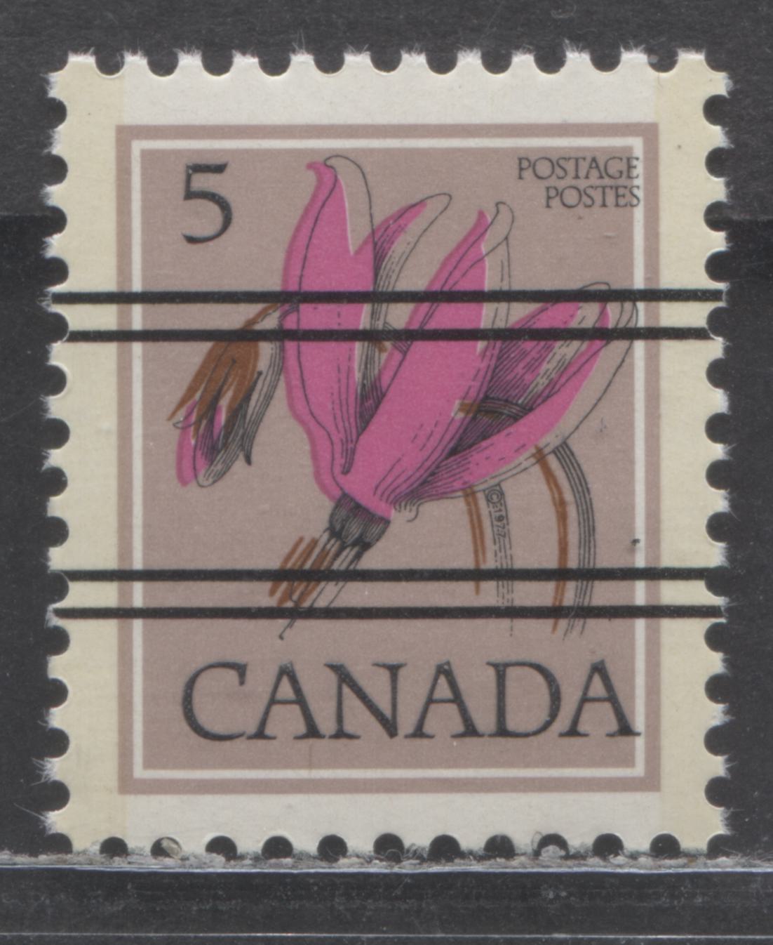 Lot 79 Canada #710xx var 5c Multicoloured Shooting Star, 1977-1982 Floral Definitive Issue, Double Print Of Canada, Once Albino & Doubling Of Flower Stems Due To Dramatic Rightward Shift Of Black