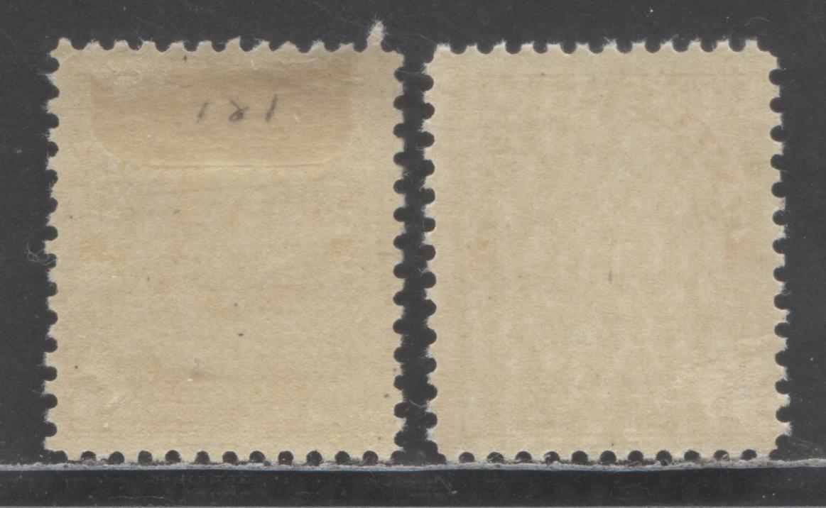 Lot 141 Canada #105i, 105f 1c Yellow King George V, 1911-1925 Admiral Issue, 2 VFOG Singles, Die 1, Wet & Dry Printing