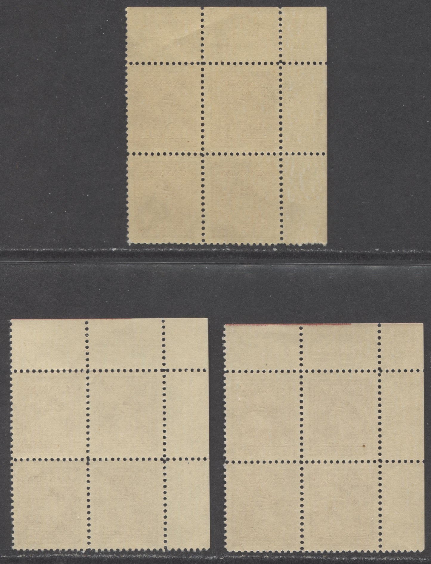 Canada #254 4c Dark Carmine King George VI, 1942-1943 War Issue, 3 VFNH UL Plate 32, 42, 47 Blocks Of 4