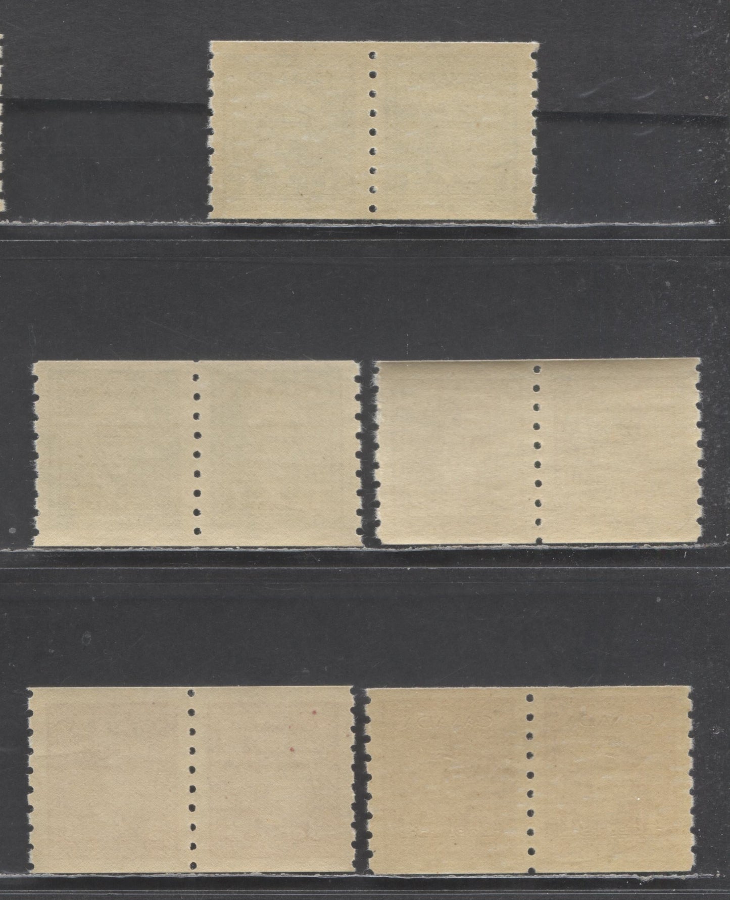 Lot 80 Canada #263-265, 267 1c-3c, 4c-5c Green-Dark Carmine, Dark Carmine King George VI, 1942-1943 Coil Stamps - War Issue, 5 VFNH Coil Strips Of 4 Includes Both Horizontal Wove And Vertical Ribbed Paper On 1c