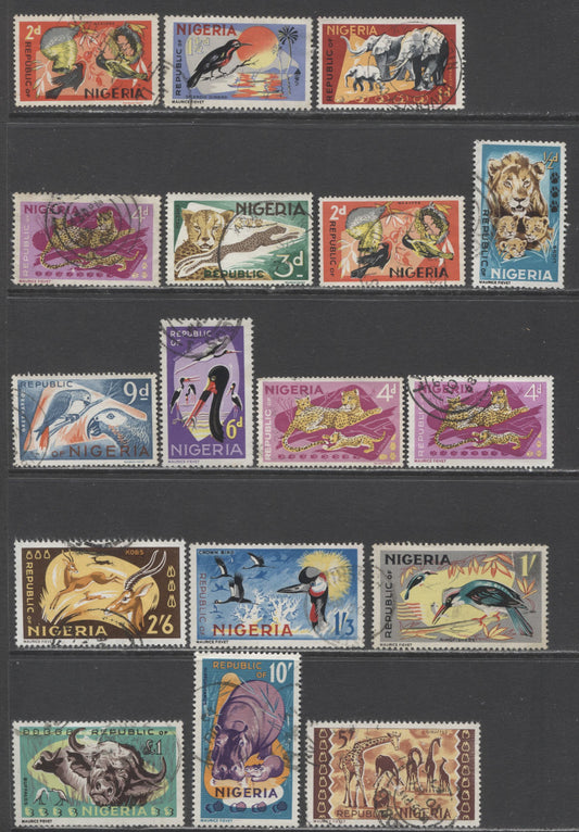 Nigeria SC#184-197 1965-1966 Wildlife Definitives, 15 Fine/Very Fine Used Singles, Click on Listing to See ALL Pictures, Estimated Value $30