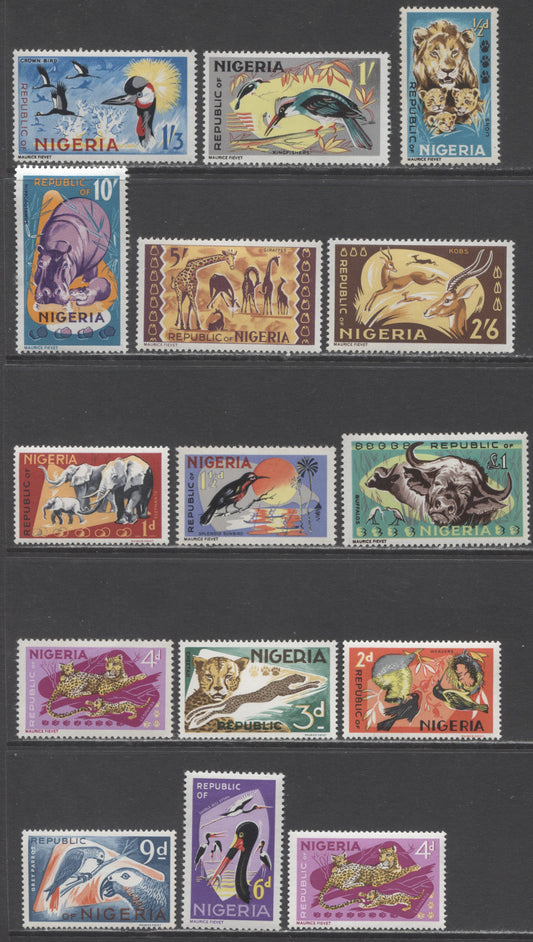 Nigeria SC#184-197 1965-1966 Wildlife Definitives, 15 F/VFOG Singles, Click on Listing to See ALL Pictures, Estimated Value $31