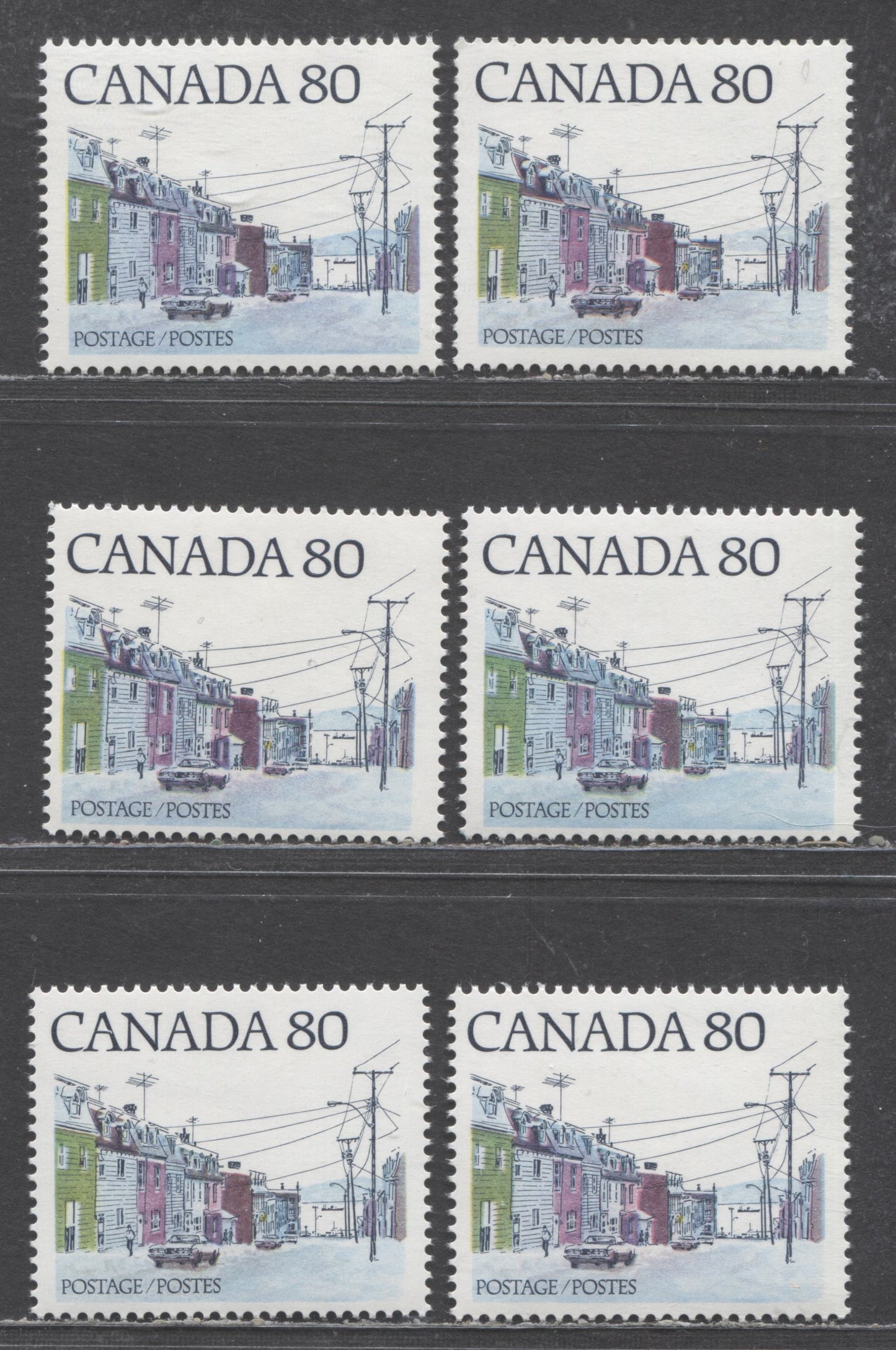 Canada #725 80c Maritime Street Scene, 1977-1982 Medium Value Street Scene Definitives, 6 VFNH Singles With Various DF, LF & F Papers With Different Color Buildings and Road