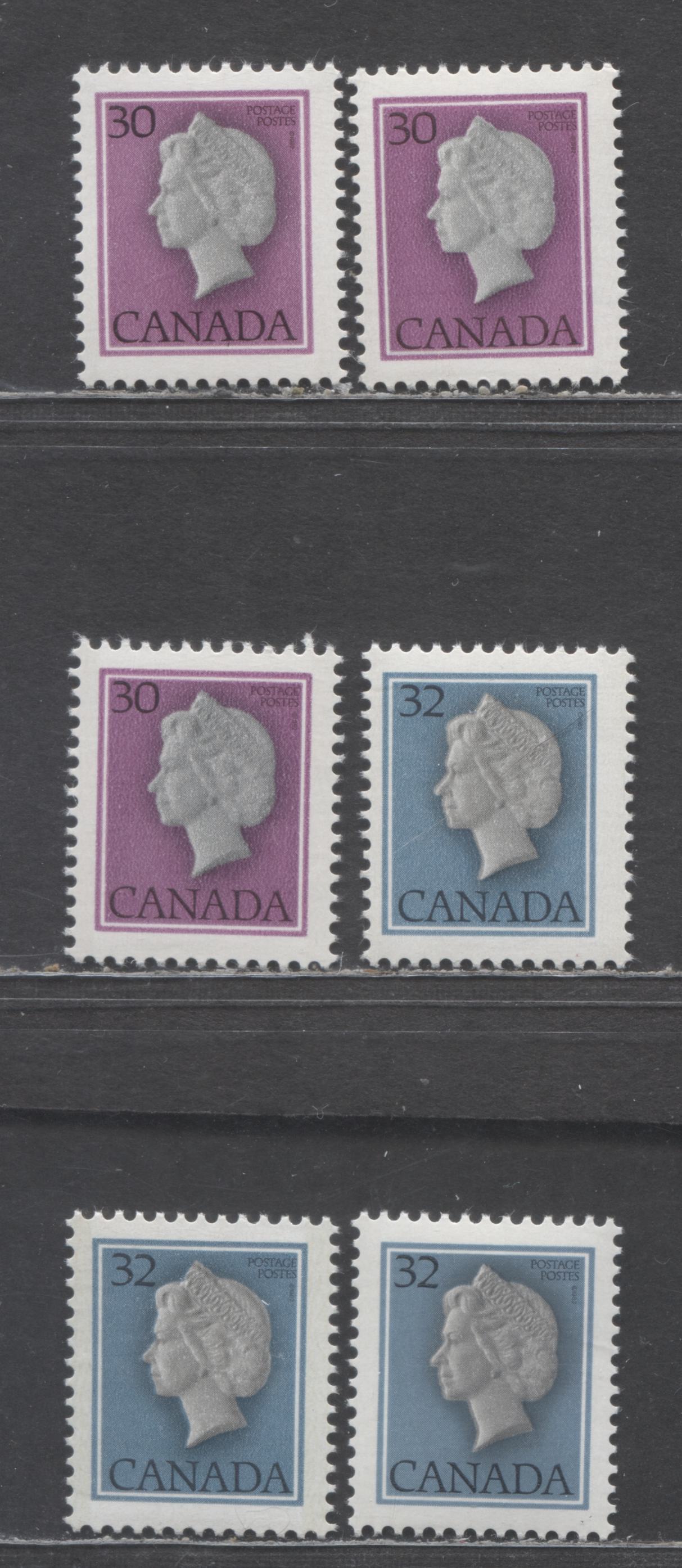 Canada #791, 791iv, 792, 792i 30c & 32c Multicoloured Queen Elizabeth II, 1977-1982 Floral and Environment Issue, 6 VFNH & FNH Singles On Various DF, DF-fl and LF Papers, Including Both Abitibi and Harrison Papers
