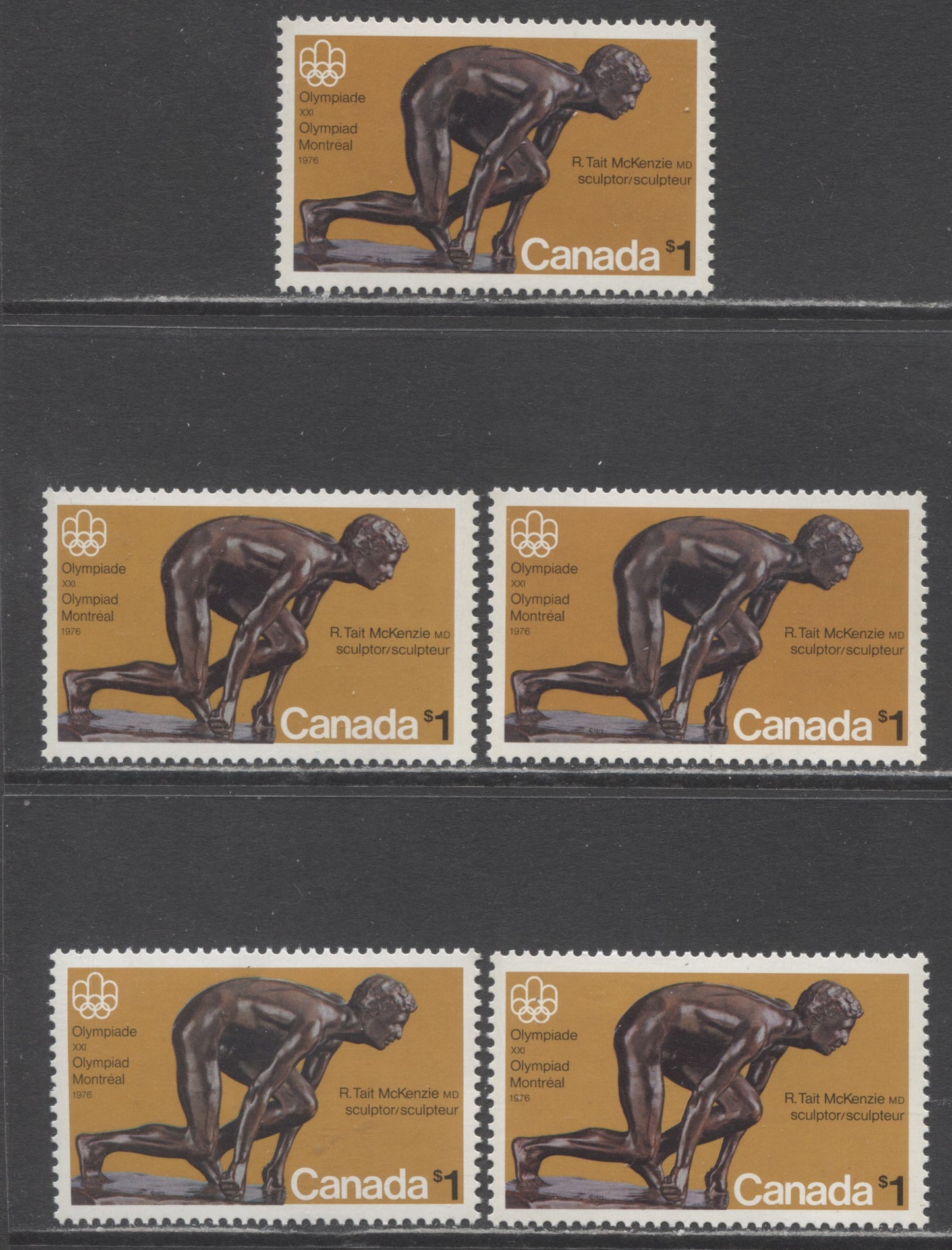 Lot 83 Canada #656 $1 Multicolored The Sprinter, 1975 Olympic Sculptures Issue, 5 VFNH Singles With Various Paper Varieties