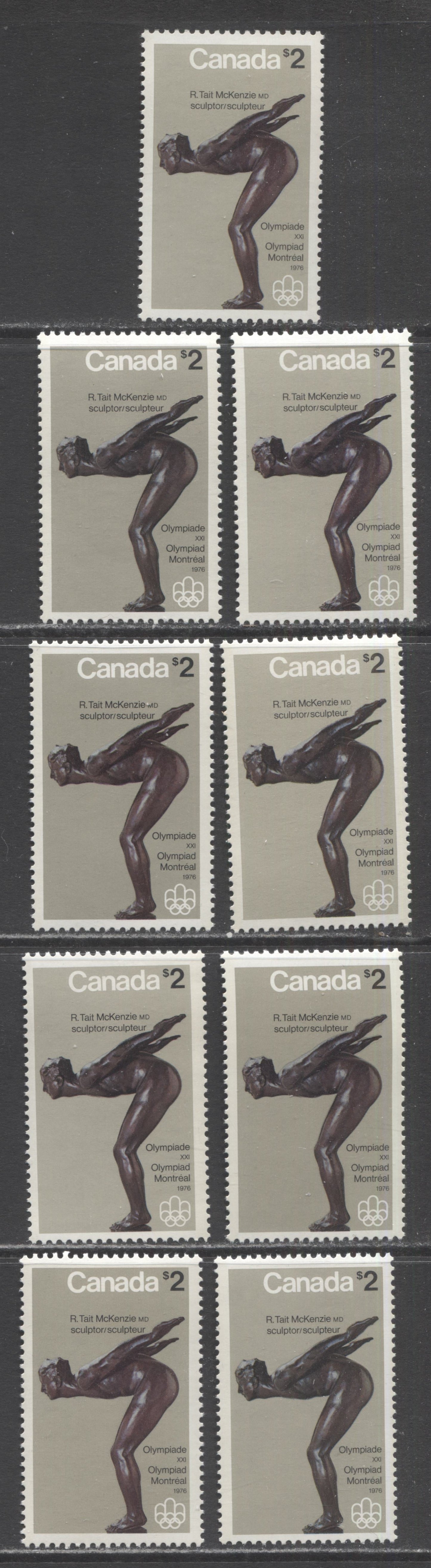 Lot 84 Canada #657 $2 Multicolored The Plunger, 1975 Olympic Sculptures Issue, 9 F/VFNH Singles With Different Paper & Shade Varieties