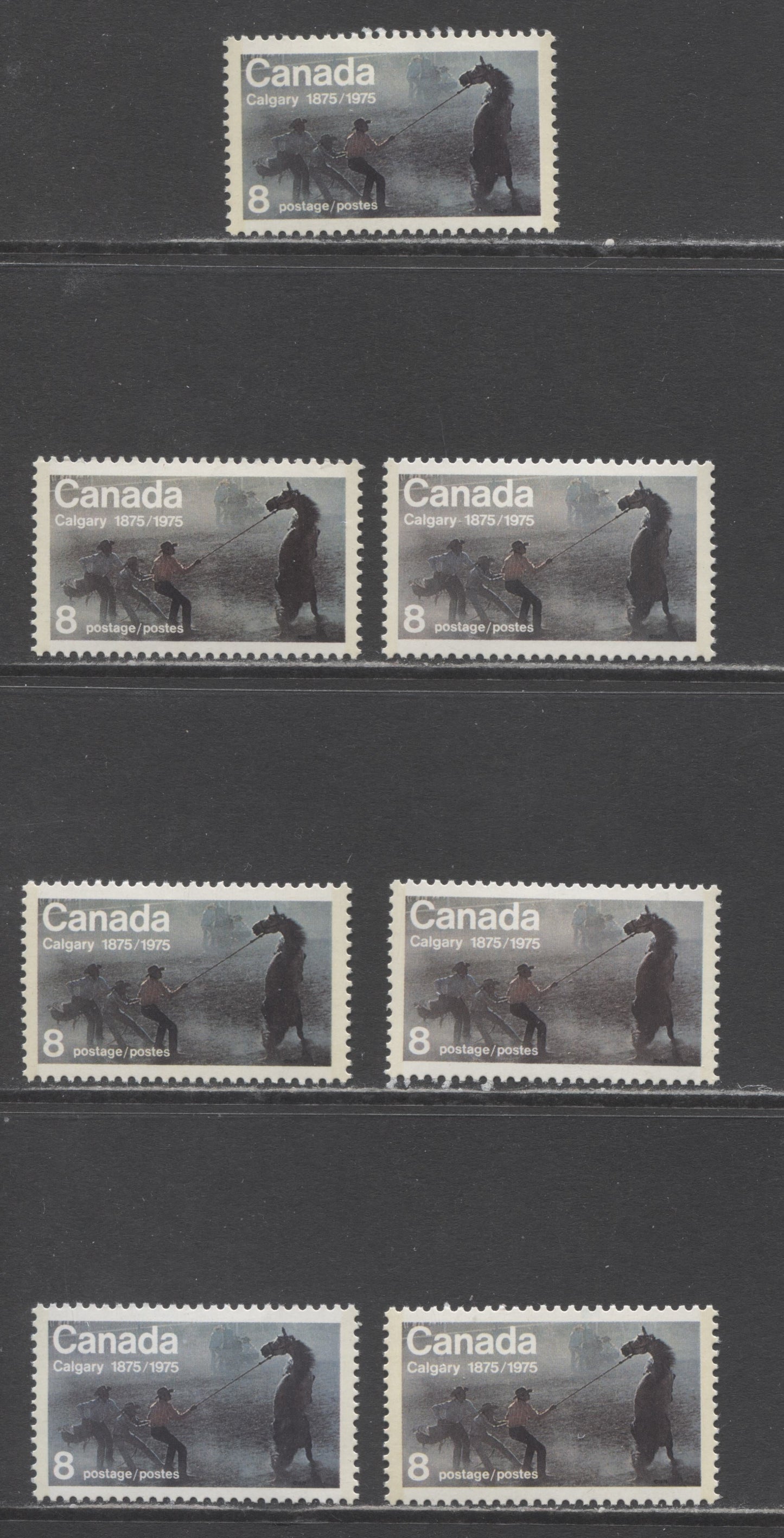 Canada #667 8c Gray & Multicolored Calgary Stampede, 1975 Calgary Stampede Issue, 7 VFNH Singles On Various MF/HF, HF/HB & HB/HB Papers With Various Background Shades