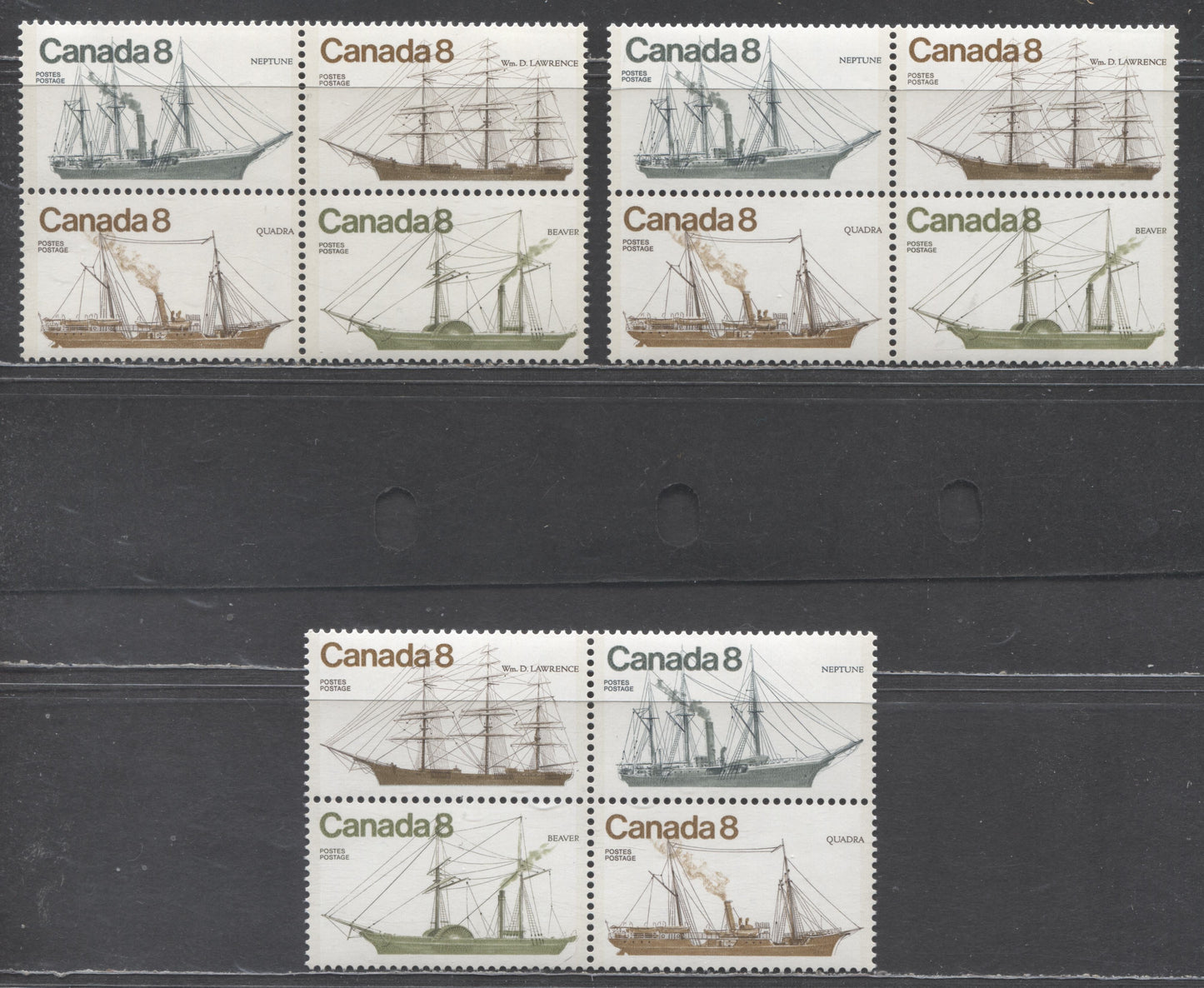 Canada #673a 8c Multicoloured 1975 Coastal Vessels, Three VFNH Se-tenant Blocks of 4 on LF/LF, LF/F and F/MF Paper