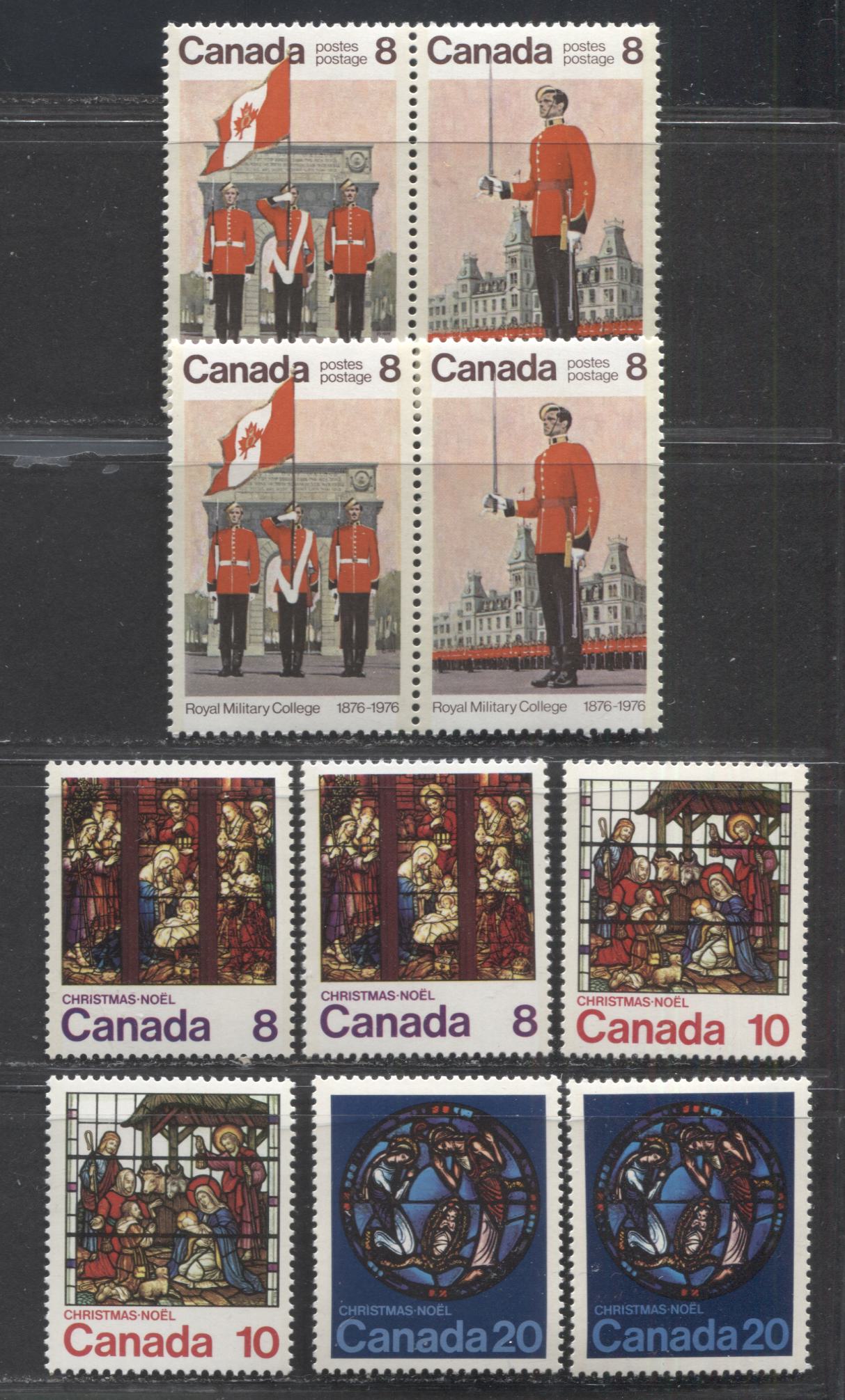 Canada #693a, 697-699 8c, 10c and 20c Multicoloured 1976 Royal Military College – Christmas, A Specialized Group of VFNH Singles on DF/DF and LF/LF Papers