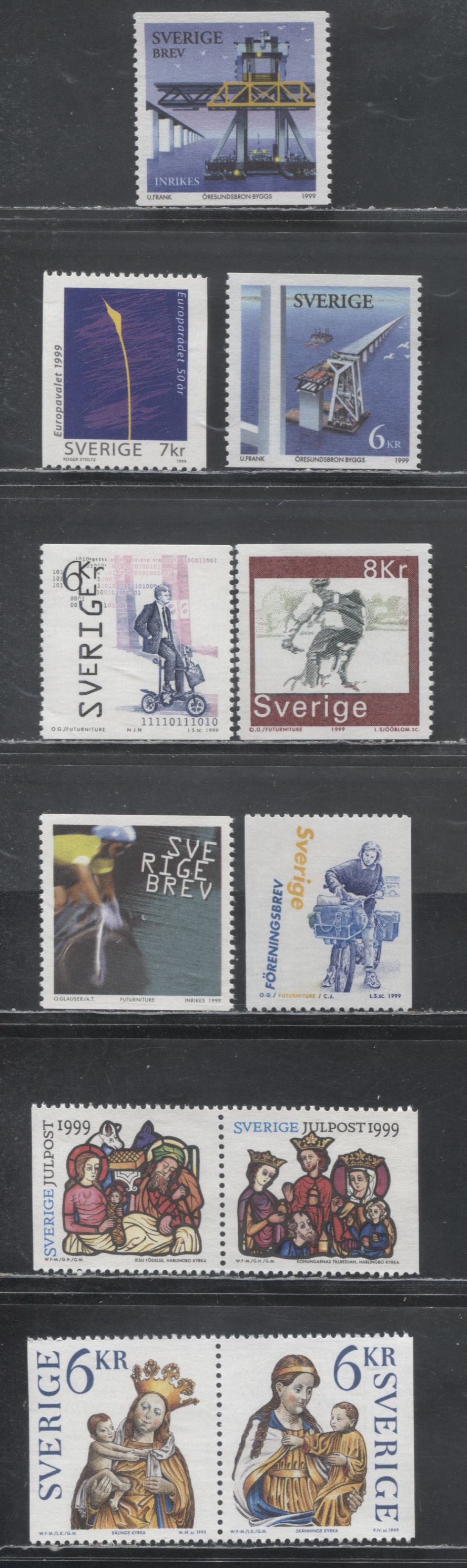 Sweden SC#2337/2364 1999 Oresund Bridge Construction - 1999 Christmas Issues, 7 VFNH Singles And Two Booklet Pairs, 2017 Scott Cat. $25