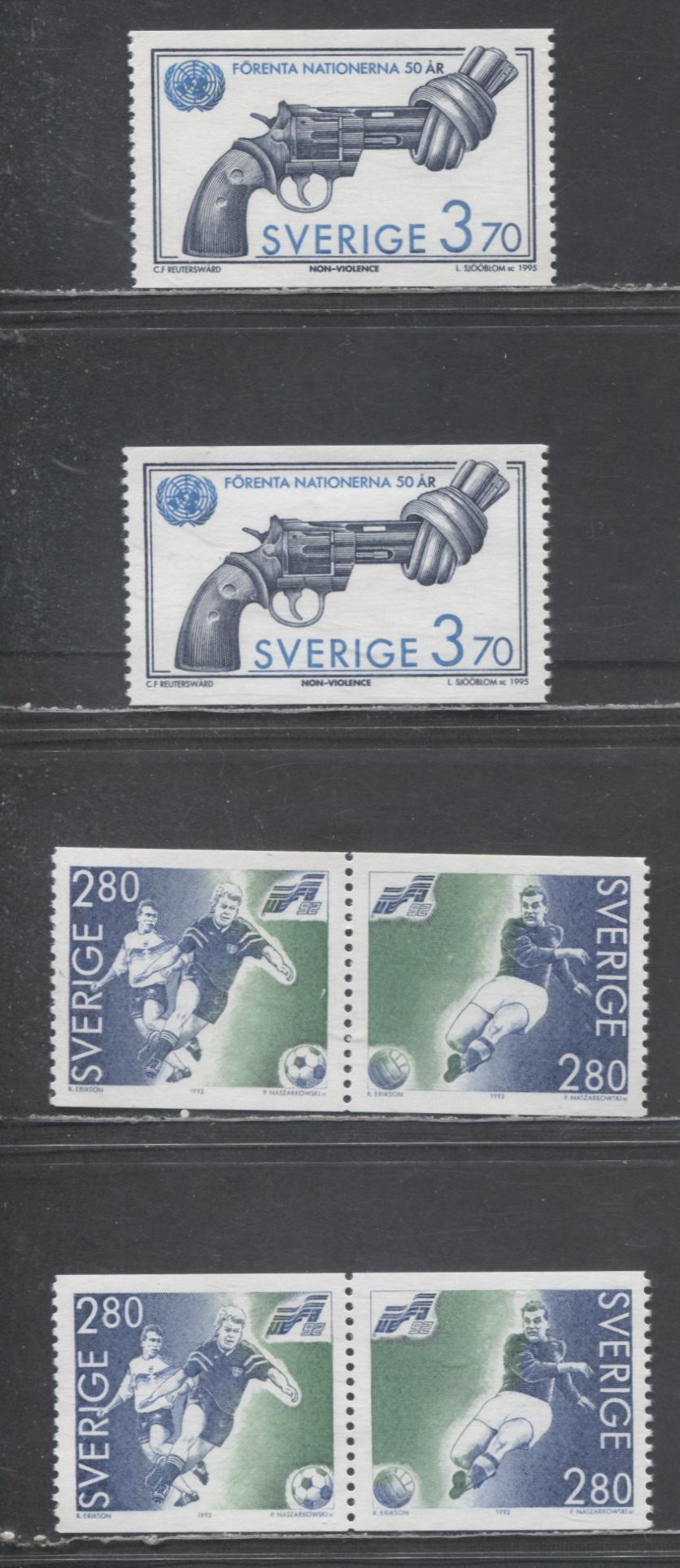 Sweden SC#1941/2132 1992 European Soccer Championships - 1995 50th Anniversary Of UN Issues, On DF and NF Papers, 2 VFNH Singles And Two Coil Pairs, Click on Listing to See ALL Pictures, Estimated Value $10
